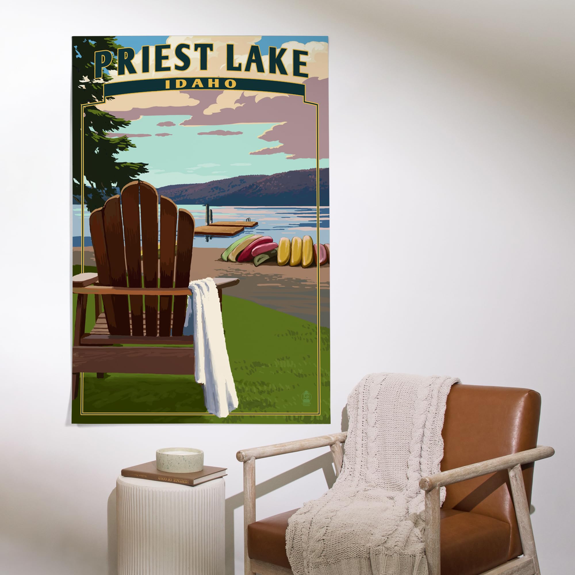 Lantern Press 36x54 Inch Giclee Art Print - Priest Lake Idaho Landscape Wall Decor with Chairs and Lake Scene - Perfect for Living Room, Bedroom or Office Decor