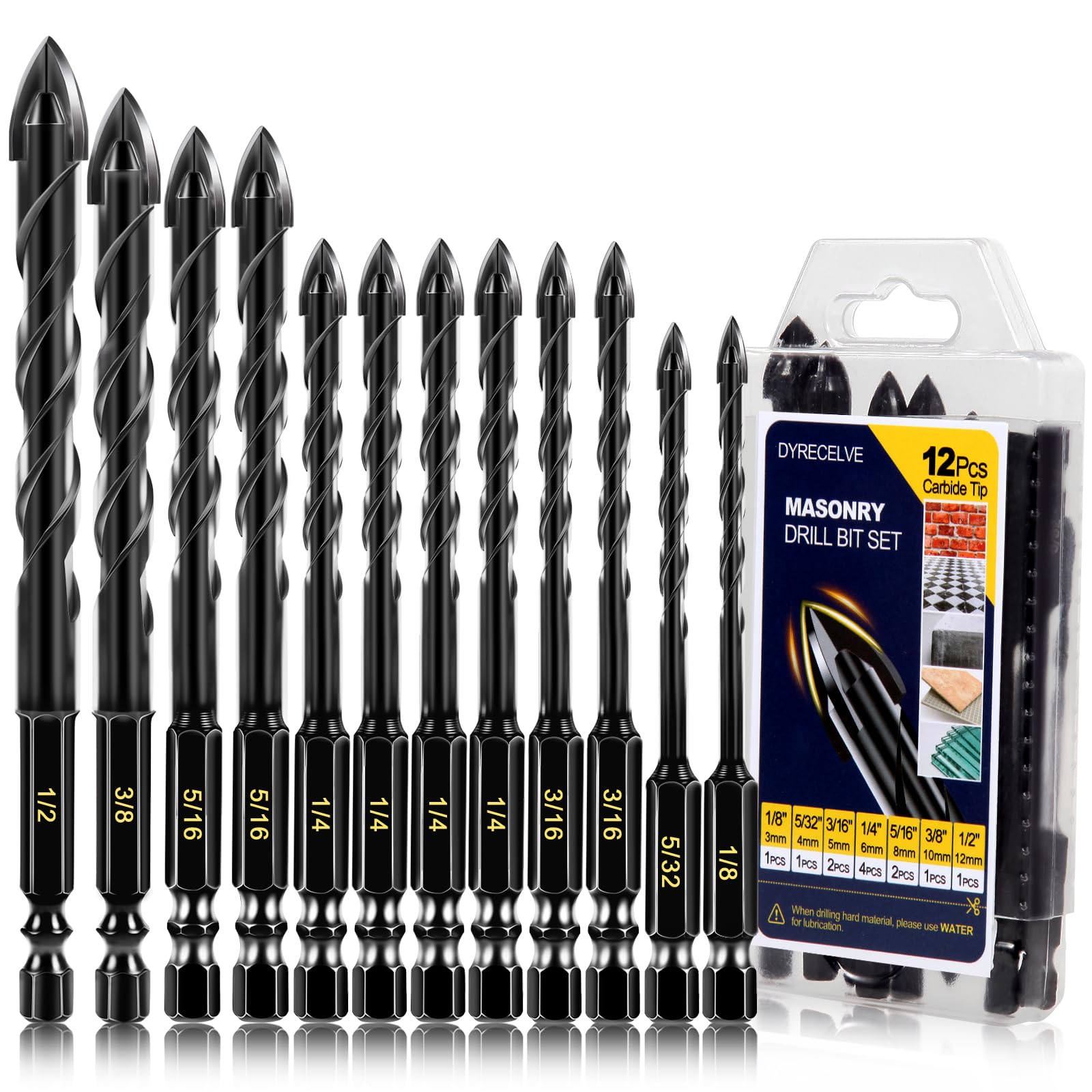 12-Piece Concrete & Masonry Drill Bit Set - Carbide Tipped 1/8