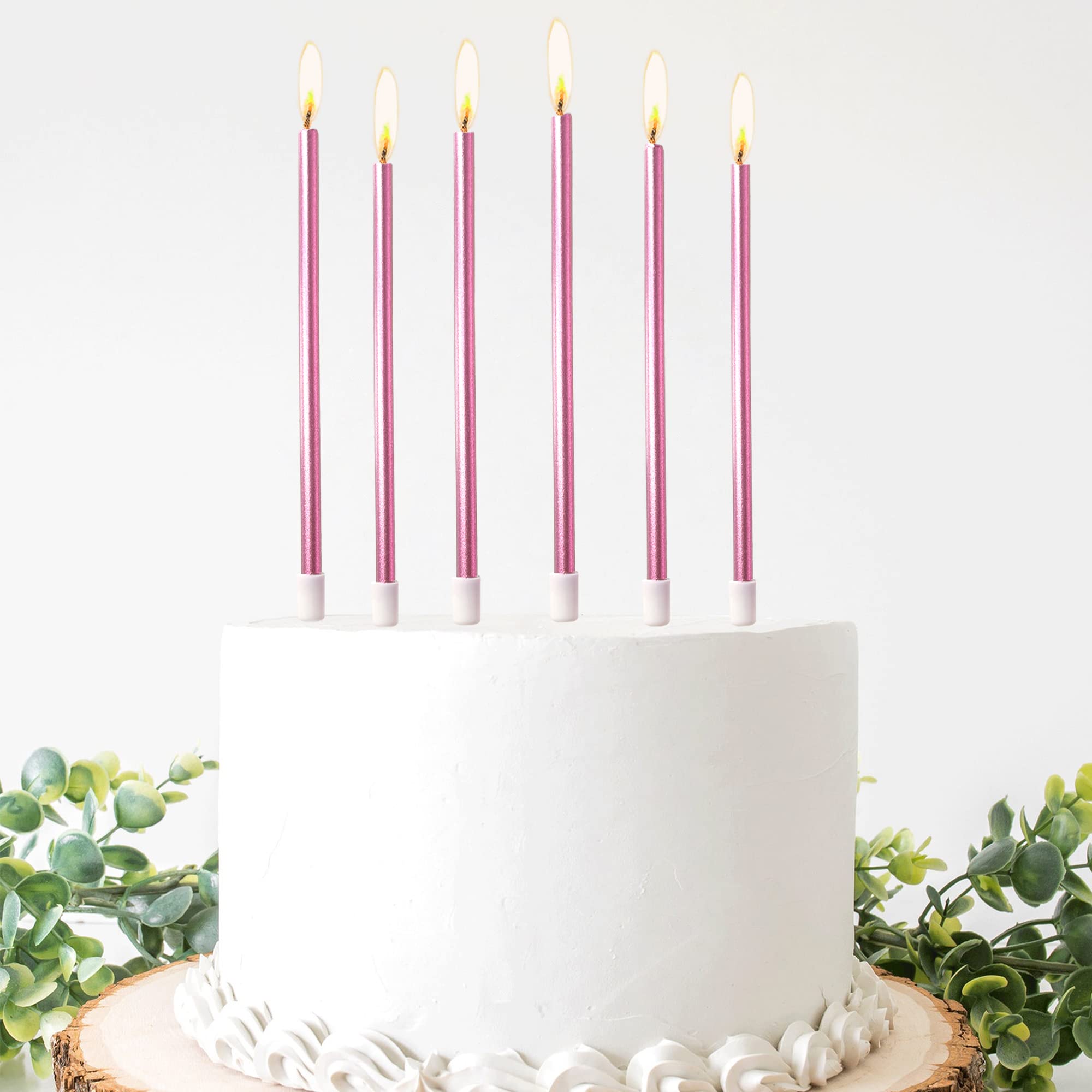 24 Count Metallic Pink Birthday Candles - Long Thin Cake Candles with Holders for Cupcakes, Wedding Cakes & Birthday Party Decorations | Perfect for Birthday Parties, Baby Showers & Wedding Celebrations