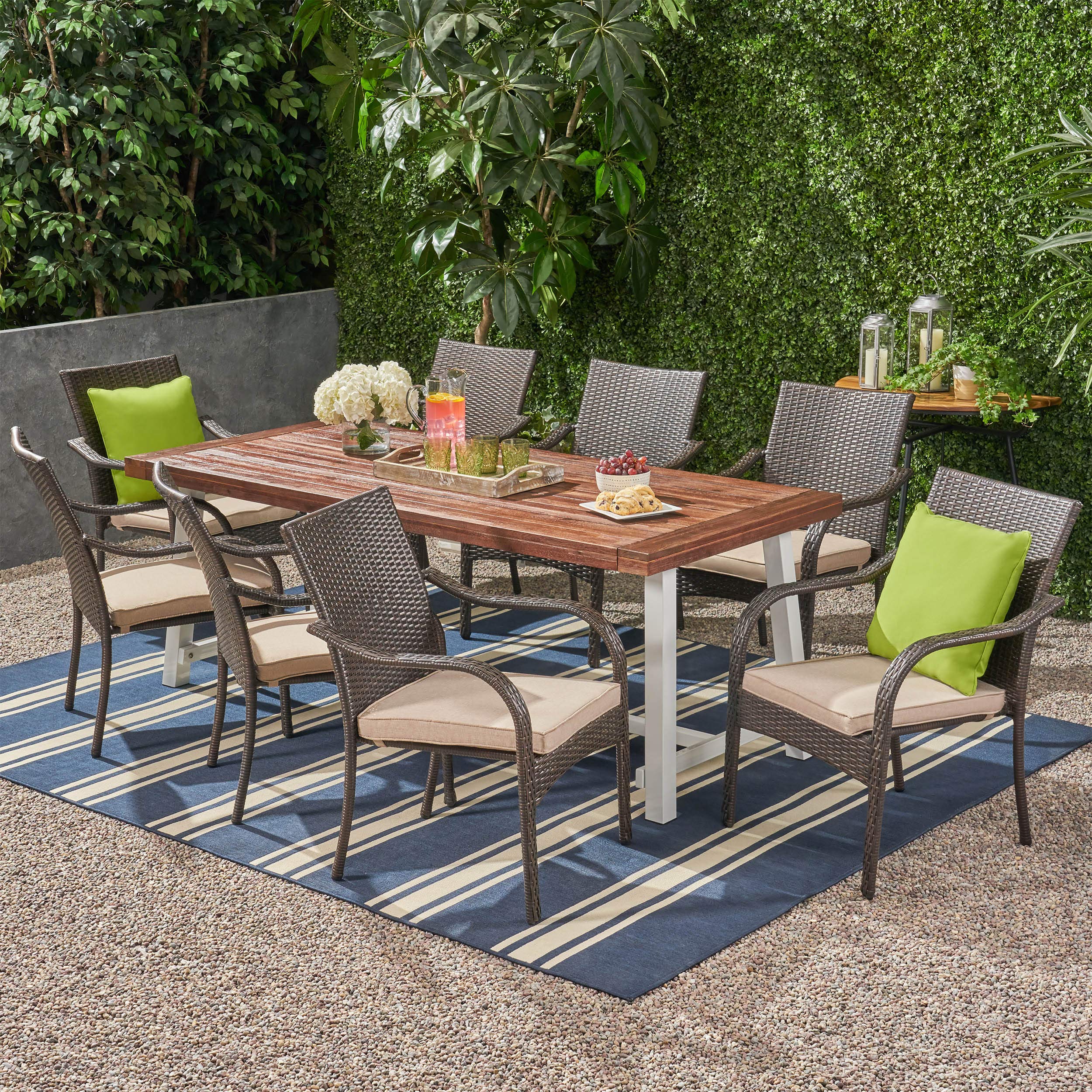 Premium 8-Piece Outdoor Dining Set - Dark Brown Wood & Wicker Patio Furniture for Backyard, Garden, Poolside - Weather-Resistant 8-Seater Table with Chairs - Perfect for Entertaining, BBQs, and Al Fresco Dining