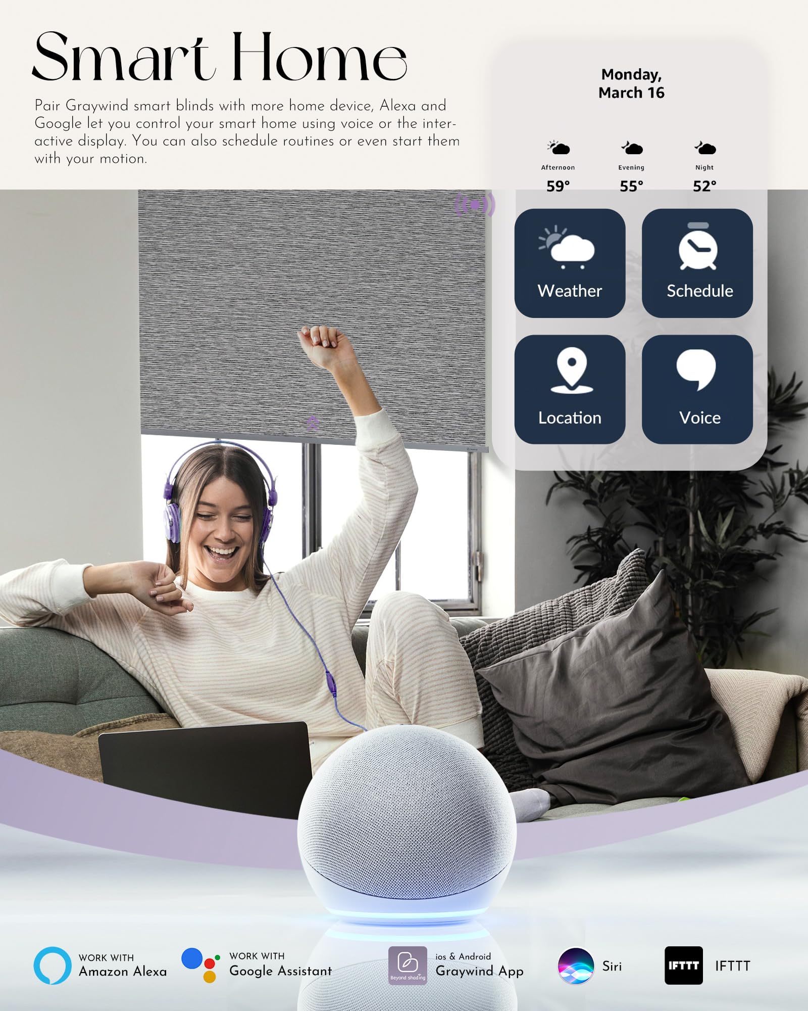 Graywind Smart Blackout Roller Shades - Alexa & Google Compatible, Rechargeable Motorized Blinds with Cordless Remote, Textured Gleaming Fabric, Custom Size (Striped Grey) - Perfect for Bedrooms, Living Rooms & Home Offices