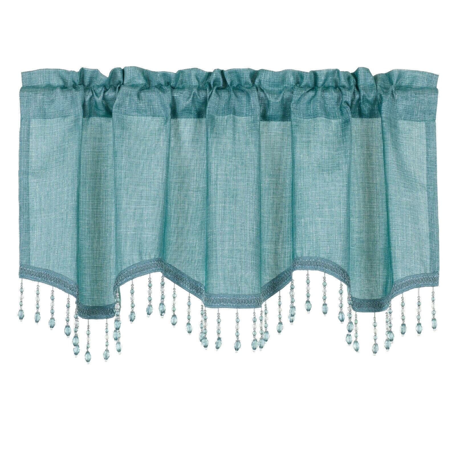 MiFirem Beaded Scalloped Window Valance Curtains - 52x20 Inches Rod Pocket Kitchen & Living Room Valance - Aqua Blue Decorative Curtain for Bay Windows, French Doors & Breakfast Nooks