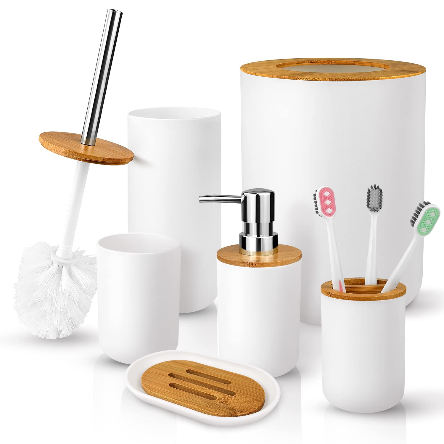 6-Piece Bamboo & Plastic Bathroom Accessories Set - Toothbrush Cup, Holder, Soap Dispenser, Dish, Toilet Brush with Holder & Trash Can + 3 Bonus Toothbrushes (White) | Modern Bathroom Organization for Homes, Apartments & Guest Bathrooms