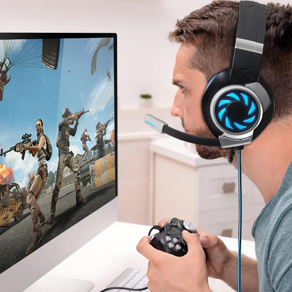 Premium Gaming Headset for PS5, PS4, Xbox One, PC, Mac, Nintendo Switch - Noise Cancelling Over-Ear Headphones with Mic, Deep Bass & Soft Memory Earmuffs (Blue) - Perfect for Online Gaming, Streaming & Virtual Meetings