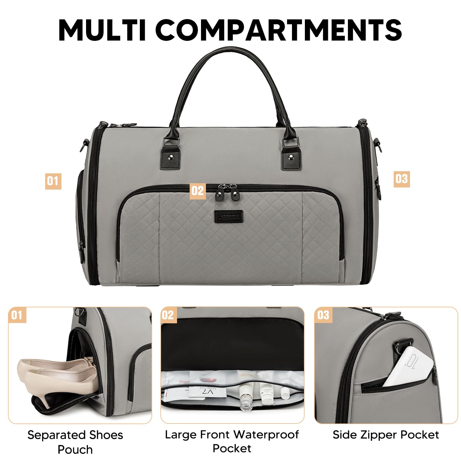 Convertible Travel Garment Bag for Women - 2-in-1 Carry On Duffle with Shoe Compartment & Detachable Shoulder Strap (Grey) | Perfect for Business Trips, Weddings & Airplane Travel