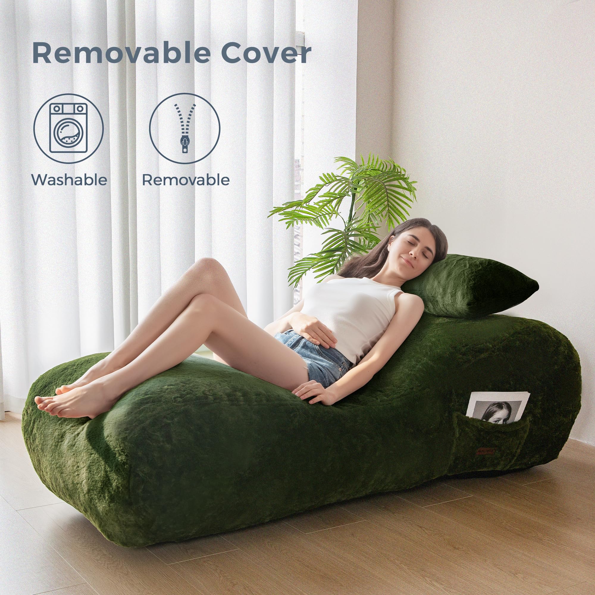MAXYOYO Green Bean Bag Bed with Pillow - Oversized Chaise Lounge Chair for Indoor Use | Perfect for Living Room, Bedroom & Game Room Relaxation