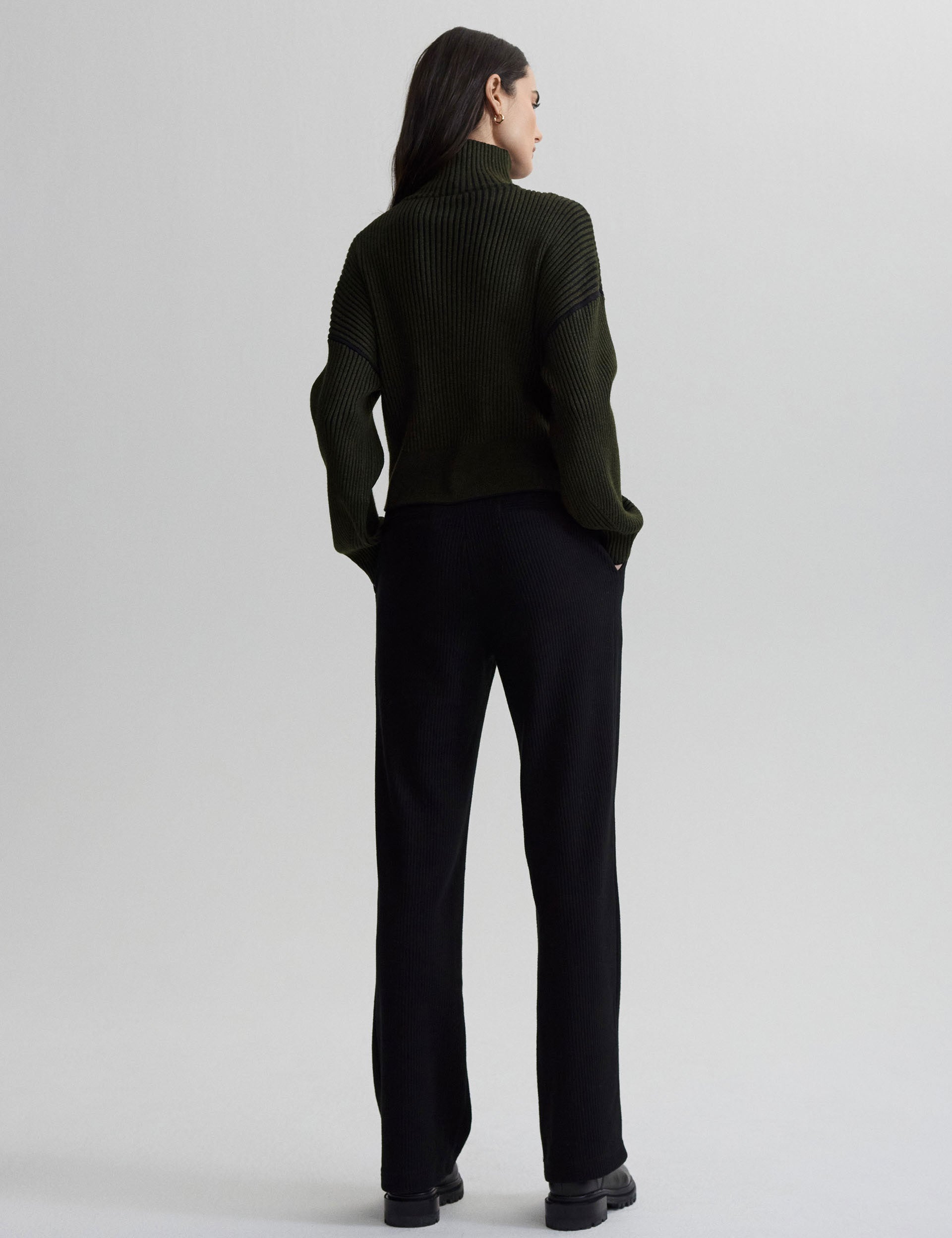 Carmen Zip Through Rib Knit Sweater - Dark Olive Green Women's Pullover for Casual Wear & Fall Fashion
