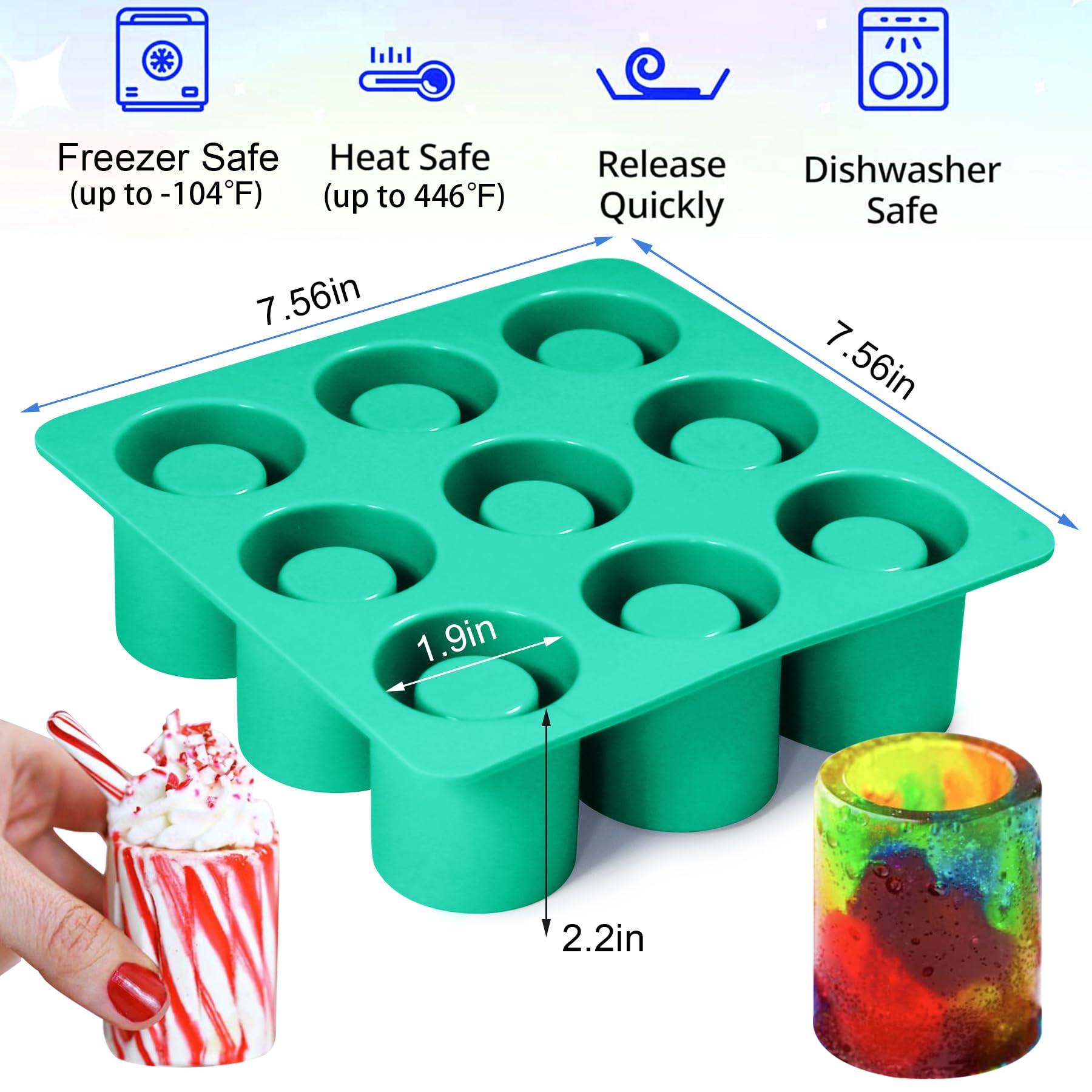 9-Cavity Round Silicone Shot Glass Molds - Reusable Baking Set for Chocolate, Candy & Ice Cubes - Perfect for Cocktail Parties, Baking & Freezing (Green)