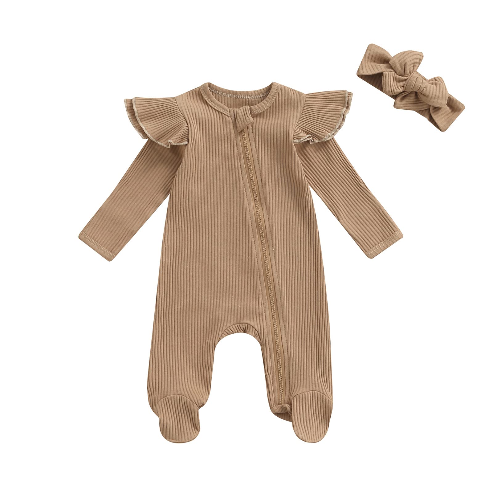 Newborn Baby Girl Fall Clothes Set - Solid Color Ribbed Long Sleeve Zip-Up Footed Romper with Hairband | Cozy Outfit for Autumn Walks & Family Photos