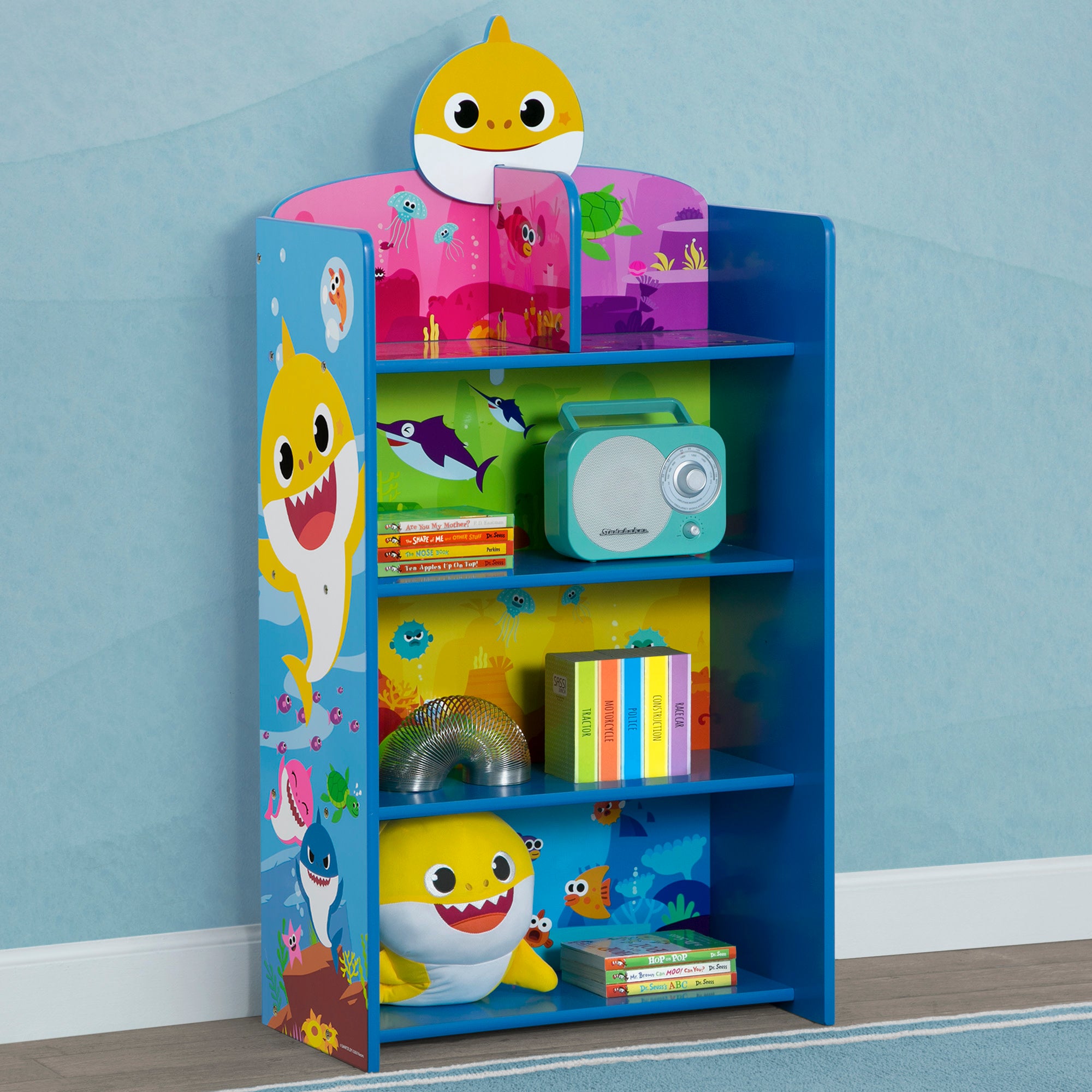 Baby Shark Wooden Playhouse 4-Shelf Bookcase for Kids - Nursery Bookshelf & Toy Storage Organizer for Toddlers' Bedroom & Playroom Decor