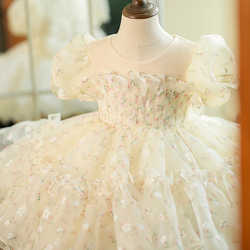 White Tulle Princess Flower Girl Dress - Pleated Boat Neck Puff Sleeve Wedding Party Gown for Kids - Perfect for Flower Girls, Pageants, and Special Occasions