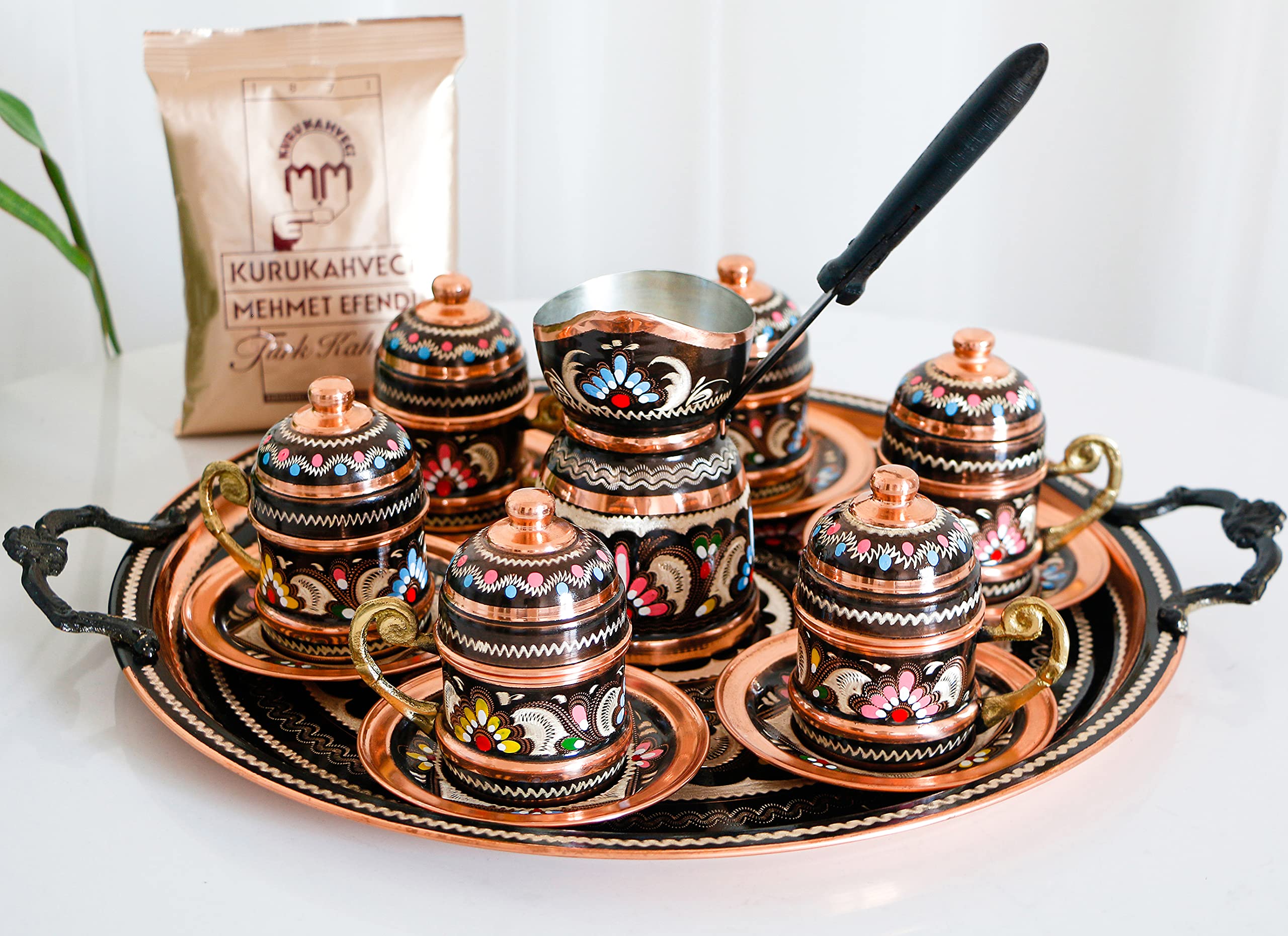 Premium Turkish Coffee & Espresso Set - 6-Piece Copper Coffee Pot with Mehmet Efendi Ground Coffee | Traditional Handcrafted Design | Perfect for Home Brewing, Gifts & Turkish Coffee Ceremonies