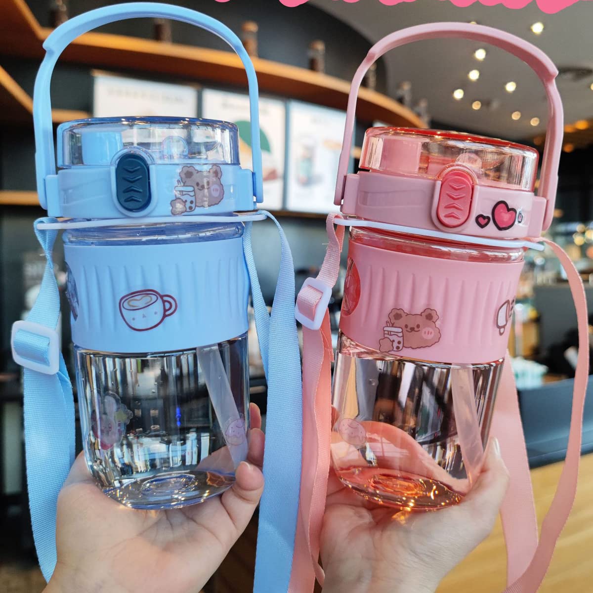 Kawaii Straw Water Bottle 605ML - Portable Large Capacity Plastic Cup with Cute Stickers for School & Gym (Pink)