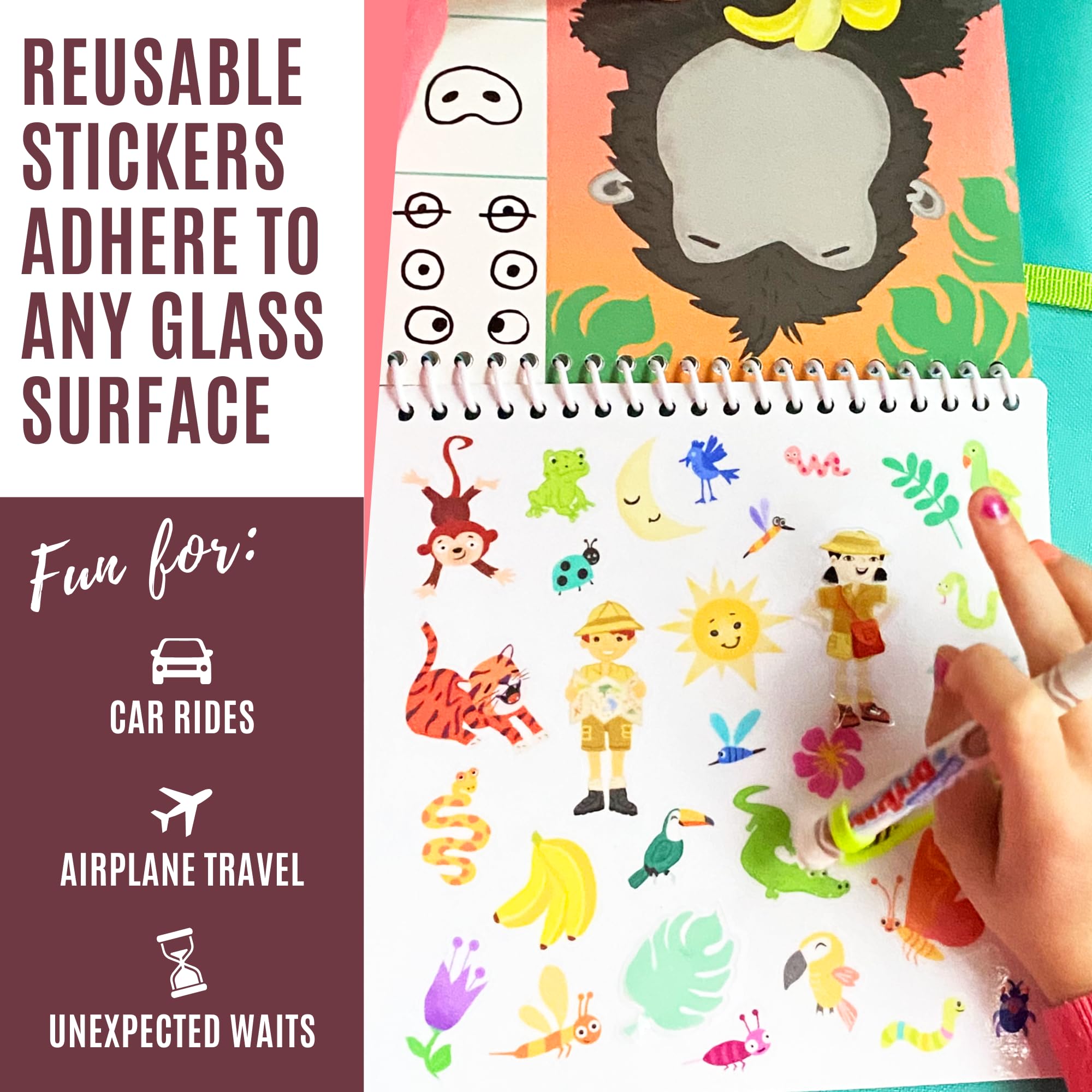 Washable Travel Activity Book for Kids Ages 4-6 | 7x7 Inch Educational Toy with Reusable Stickers & Markers | Car & Airplane Games, Search & Find Learning Activities | Perfect for Road Trips, Flights & Quiet Time (Jungle Theme)