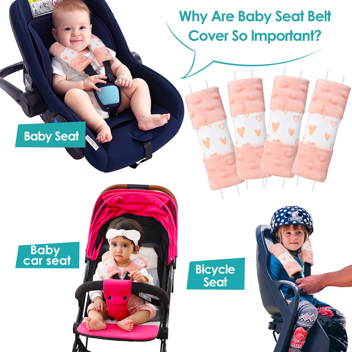 4 Packs Soft Baby Car Seat Shoulder Strap Covers - Pink Padded Protectors for Infants & Toddlers (5.9