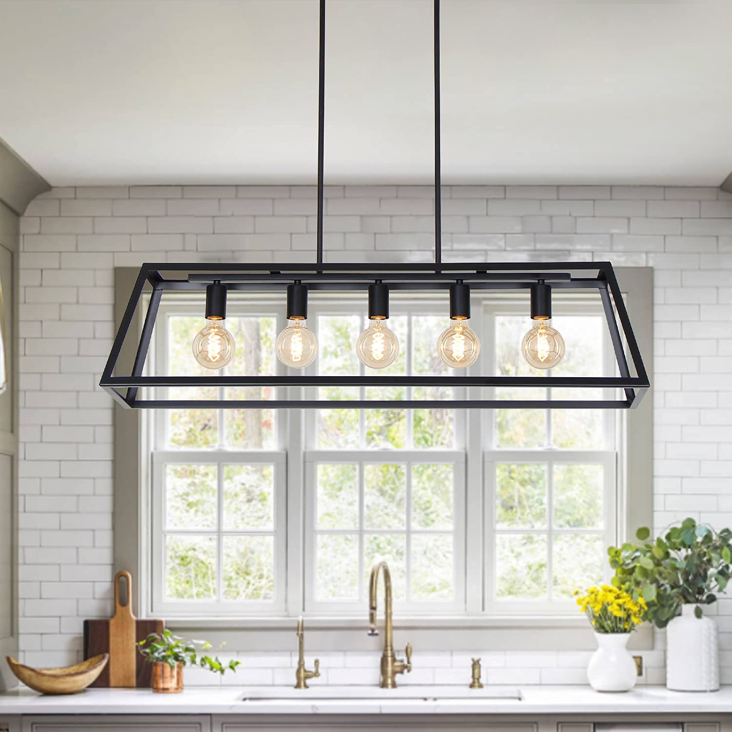 Modern Farmhouse Linear Pendant Light - 5-Light Black Industrial Rectangular Chandelier (38-Inch) for Kitchen Island, Dining Room, Living Room & Foyer - Perfect for Rustic Home Decor & Bar Lighting