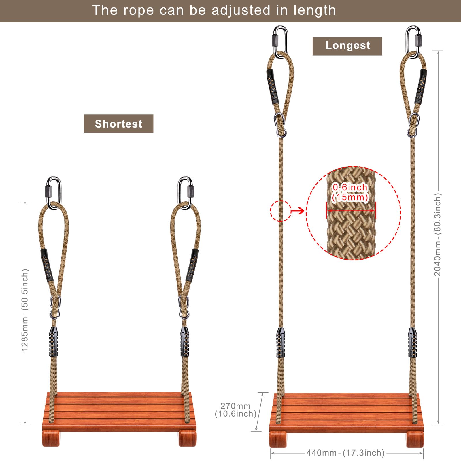 **BeneLabel Adjustable Wooden Swing Seat for Adults & Kids - 50-80 Inch Rope, 500 LB Capacity - Perfect for Backyard, Playground & Tree Swings**