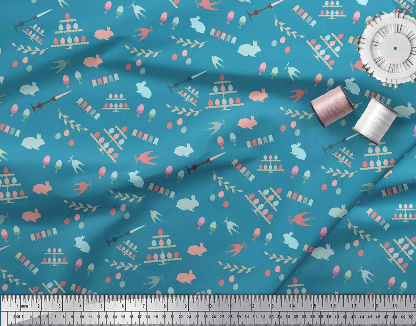 Soimoi Velvet Fabric - Easter Celebration Flag with Rabbit & Egg Prints - 58 Inch Wide Decorative Fabric by Yard for DIY Crafts, Home Decor, and Seasonal Party Decorations