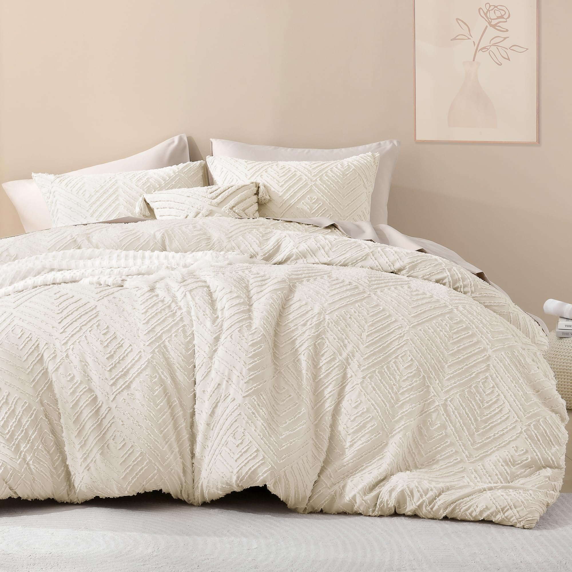 Litanika King Size Comforter Set - 3 Piece Beige & Cream Tufted Boho Farmhouse Bedding | Lightweight Fluffy All-Season Comforter with 2 Pillowcases (104x90 Inches) | Perfect for Master Bedroom, Guest Room & Cozy Farmhouse Decor