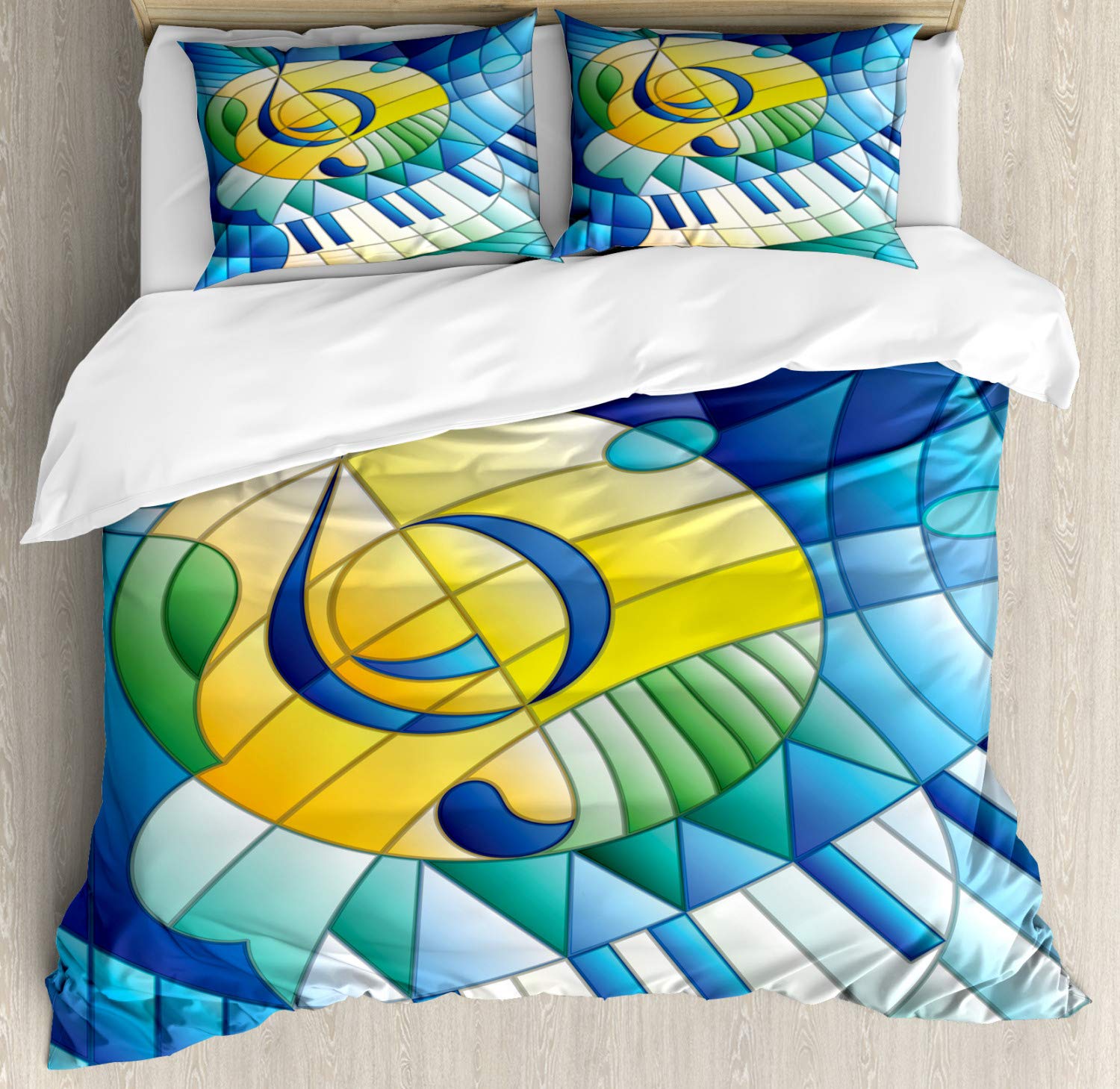 Ambesonne Music Themed Duvet Cover Set - King Size Stained Glass Design with Clef Notes & Keyboard in Vibrant Blue, Yellow & Green - 3 Piece Bedding Set with 2 Pillow Shams | Perfect for Music Lovers' Bedrooms, Guest Rooms & Dorm Decor