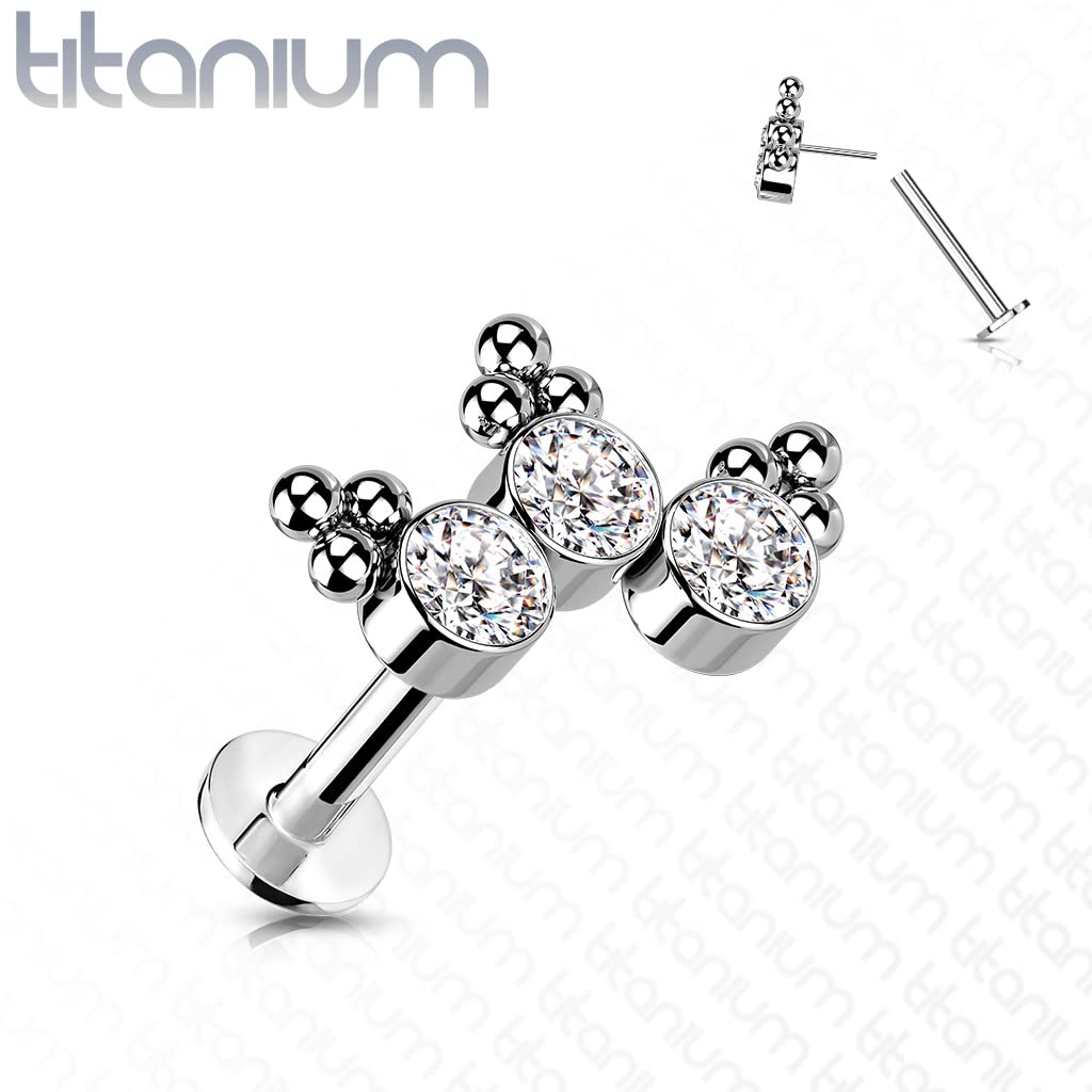 Implant Grade Titanium Threadless Push-In Labret Piercing with 3 Bezel Set CZ Stones & Trinity Ball Cluster - Body Jewelry for Lip, Nose, or Ear Piercings - Sold Individually