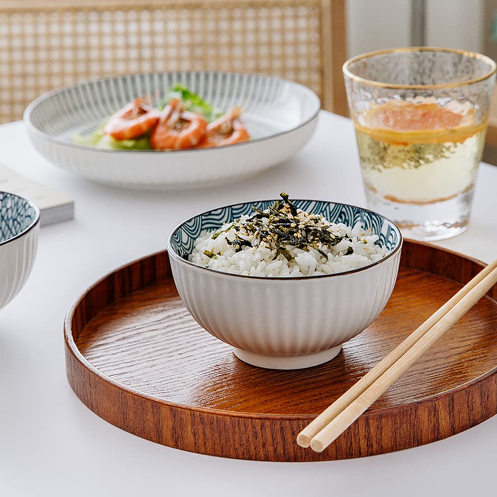 Fanquare 6 Inch Japanese Cereal Bowls Set of 6 - Blue and White Porcelain Soup Bowls for Salad, Rice, Noodles | Microwave & Dishwasher Safe | Perfect for Breakfast, Asian Cuisine & Home Dining