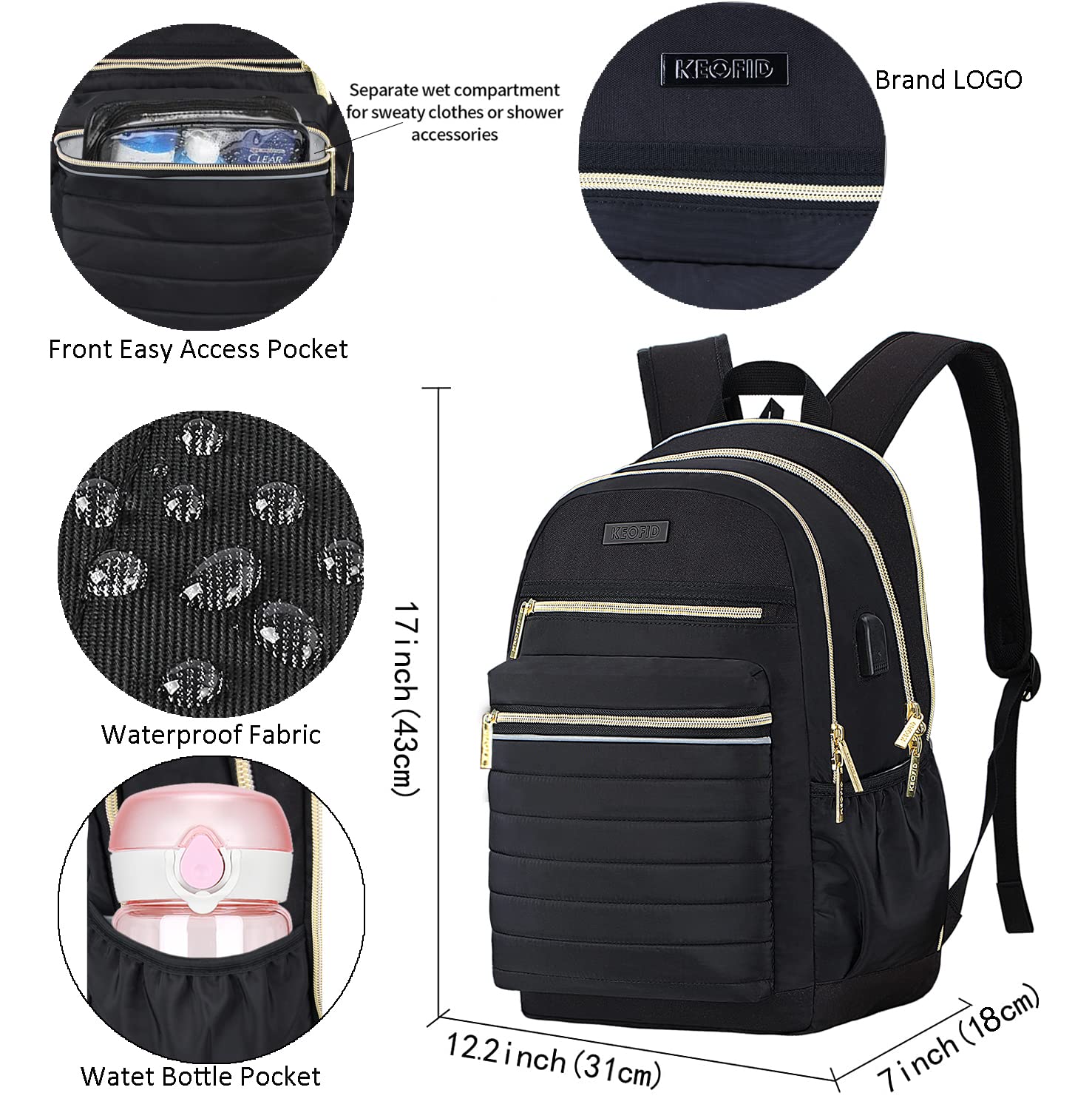 KEOFID Anti-Theft Travel Backpack for Men & Women - Stylish College Backpack with RFID Protection (Black & Gold) | Perfect for Commuting, School & Business Travel
