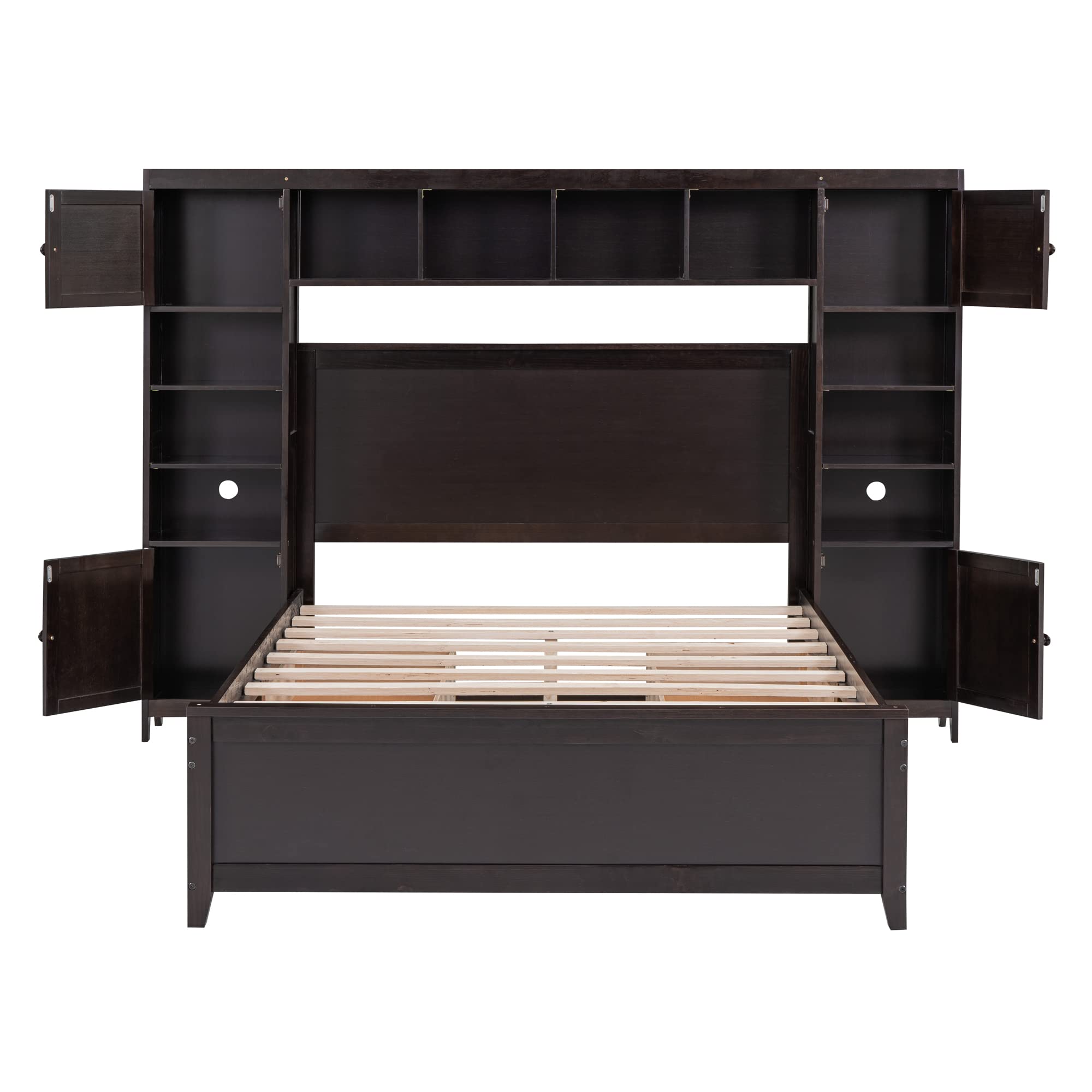 Full Size Wooden Platform Bed Frame with Storage Drawers, Cabinet & Shelves - All-in-One Panel Bed with Headboard & Slats Support (No Box Spring Needed) - Espresso Finish - Perfect for Small Bedrooms, Guest Rooms & Space-Saving Solutions