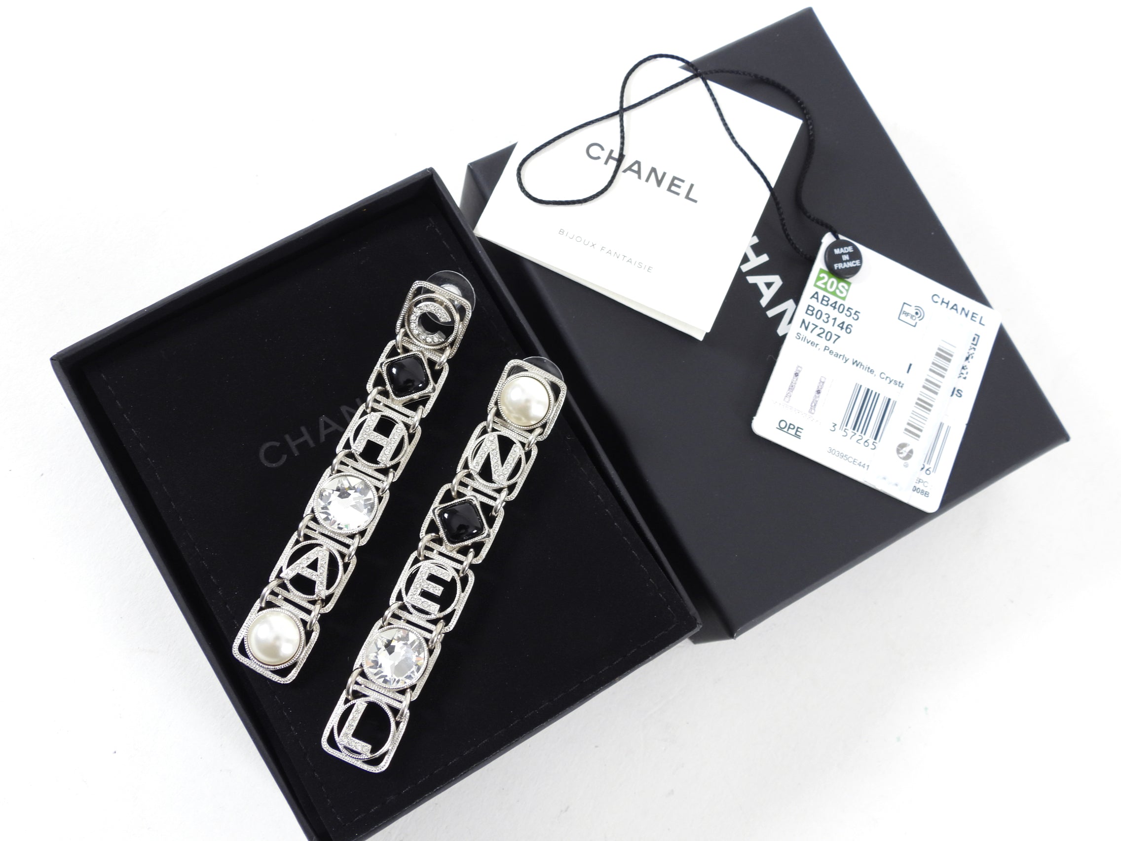 Chanel 20S Long Silver Crystal Logo Link Earrings - Luxury Fashion Jewelry for Women | Perfect for Parties, Weddings & Special Occasions