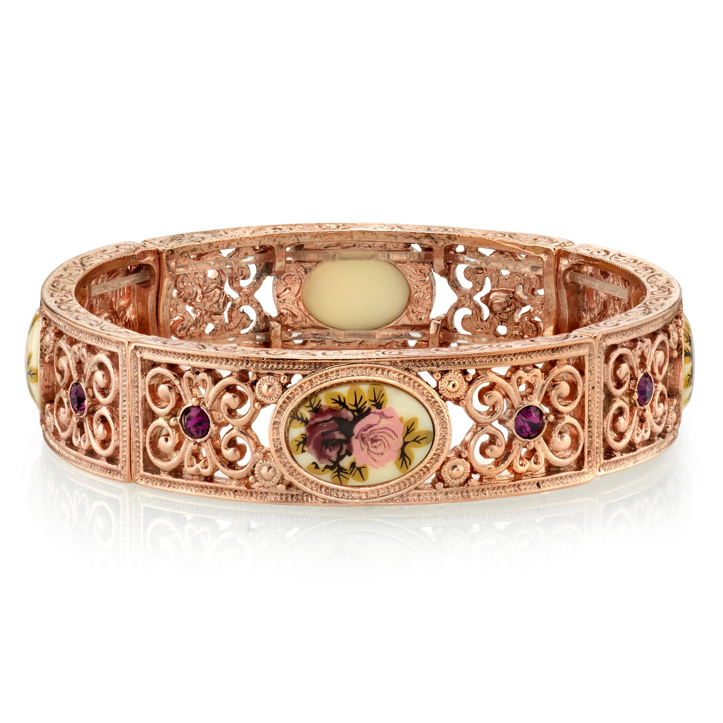 1928 Jewelry Manor House Rose Purple Crystal Flower Stretch Bracelet - Vintage Victorian Inspired Romantic Rose Gold Tone Bracelet for Women | Handmade in USA | Perfect for Weddings, Tea Parties & Vintage Fashion