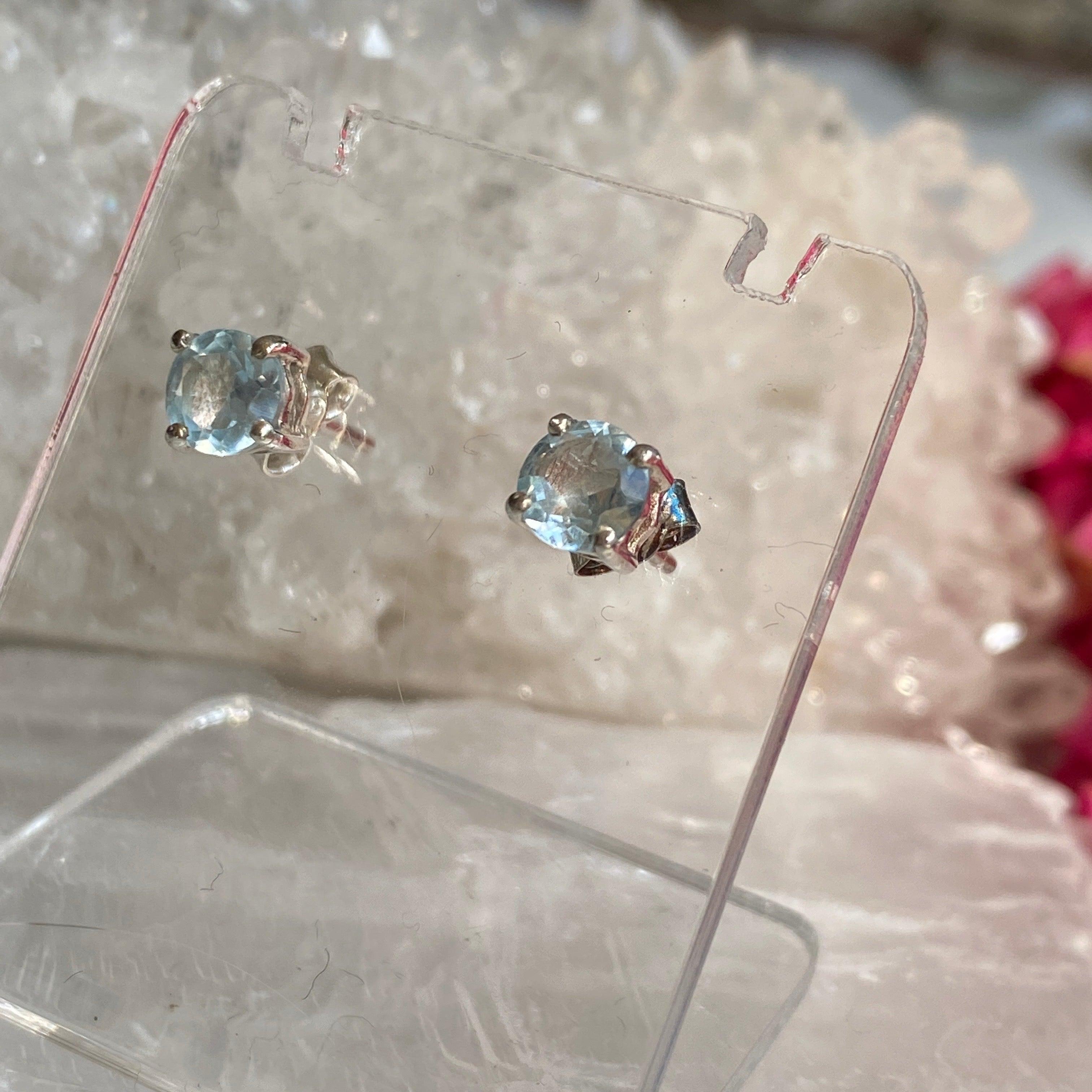 Blue Topaz Small Round Faceted Stud Earrings - 925 Sterling Silver Dainty Jewelry for Women - Perfect for Everyday Wear, Gifts & Special Occasions