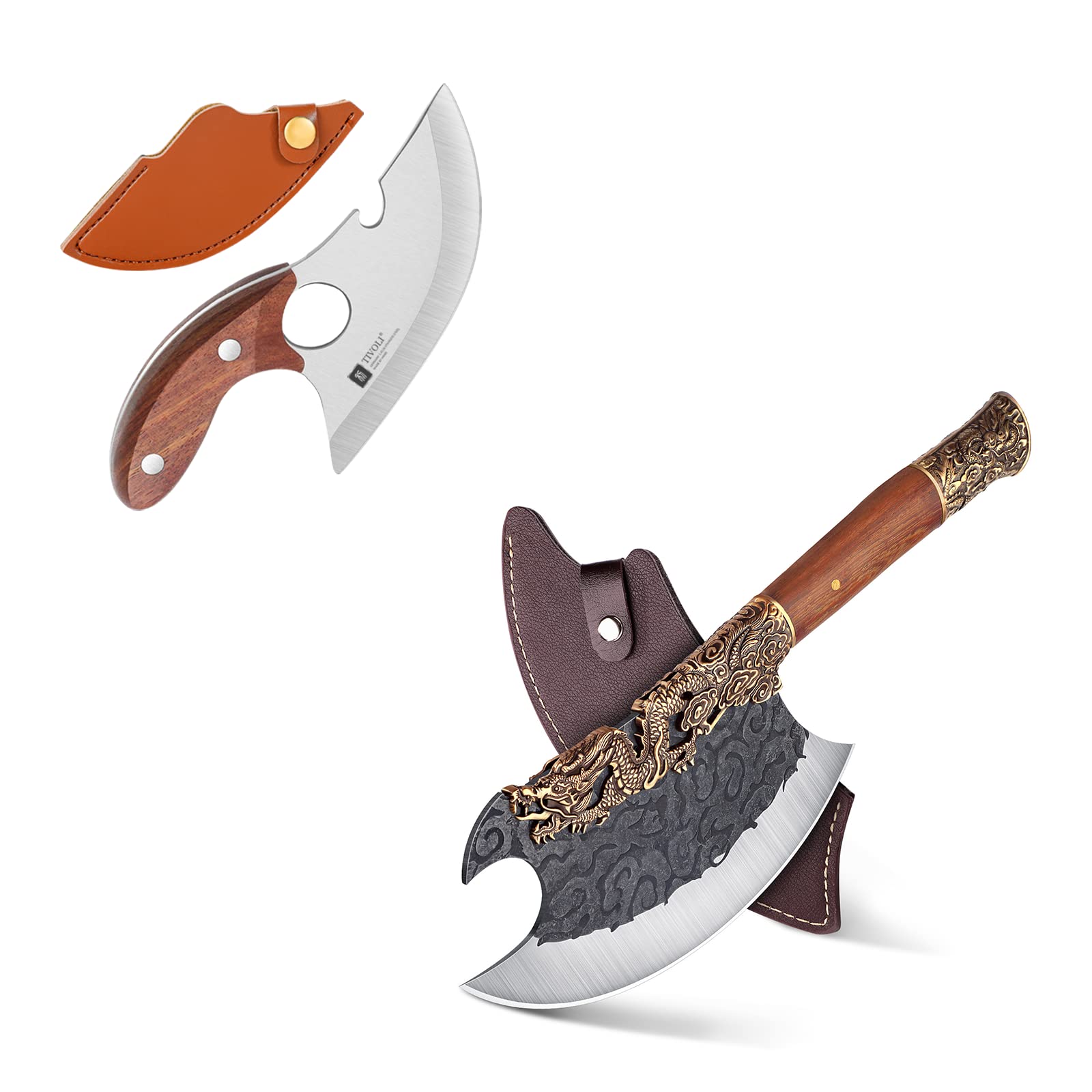 Premium TIVOLI Mini Cleaver & Heavy Duty Kitchen Axe - Forged Bone Chopping Knife with Protective Sheath - Perfect for Camping, Hunting, and Outdoor Cooking Adventures