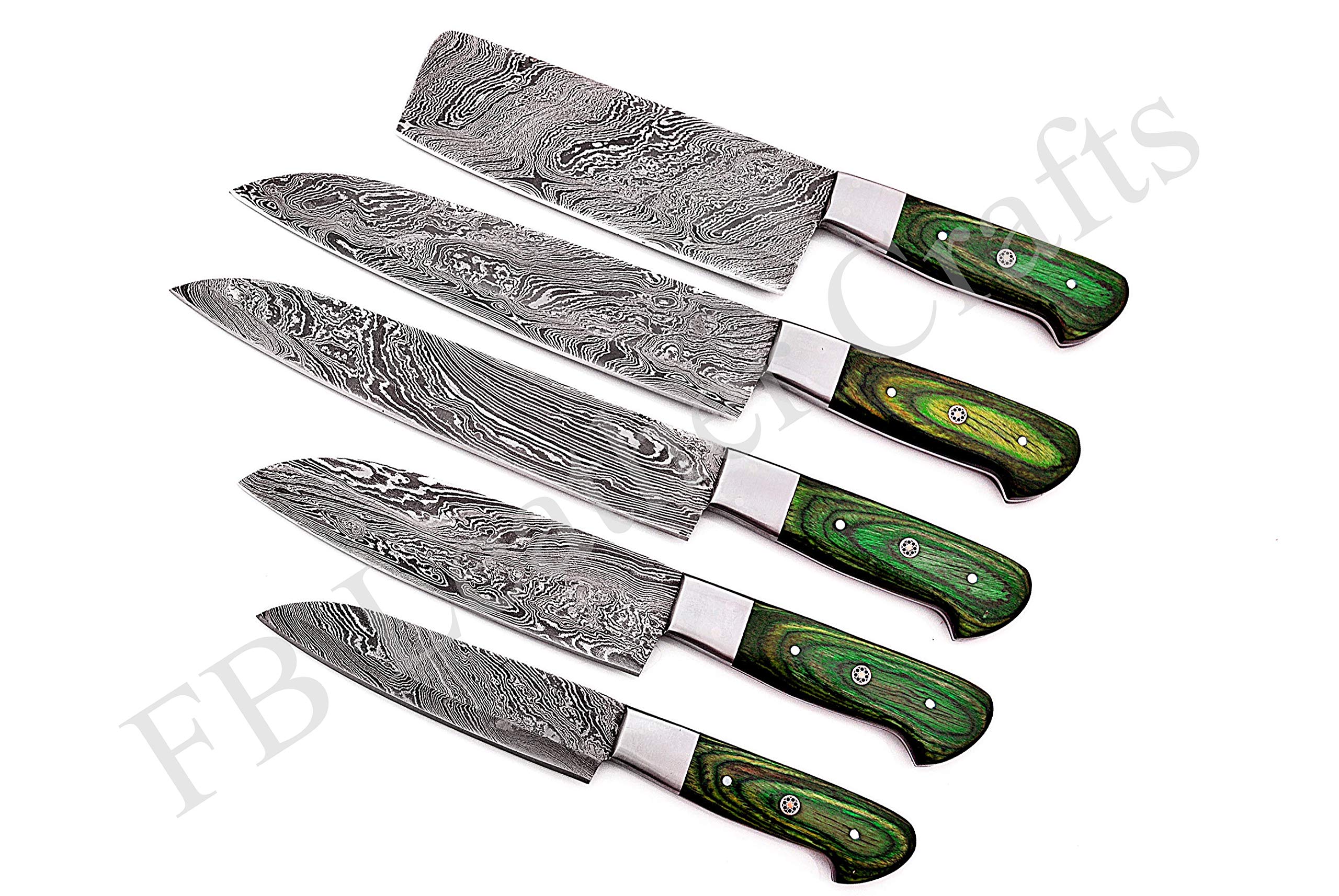 Premium Damascus Steel Chef Knife Set - 5-Piece Handcrafted BBQ Knives with Leather Roll Case (FBK-21101,102,103,104,105,112,113) - Perfect for Professional Chefs, Home Cooking & Outdoor Grilling
