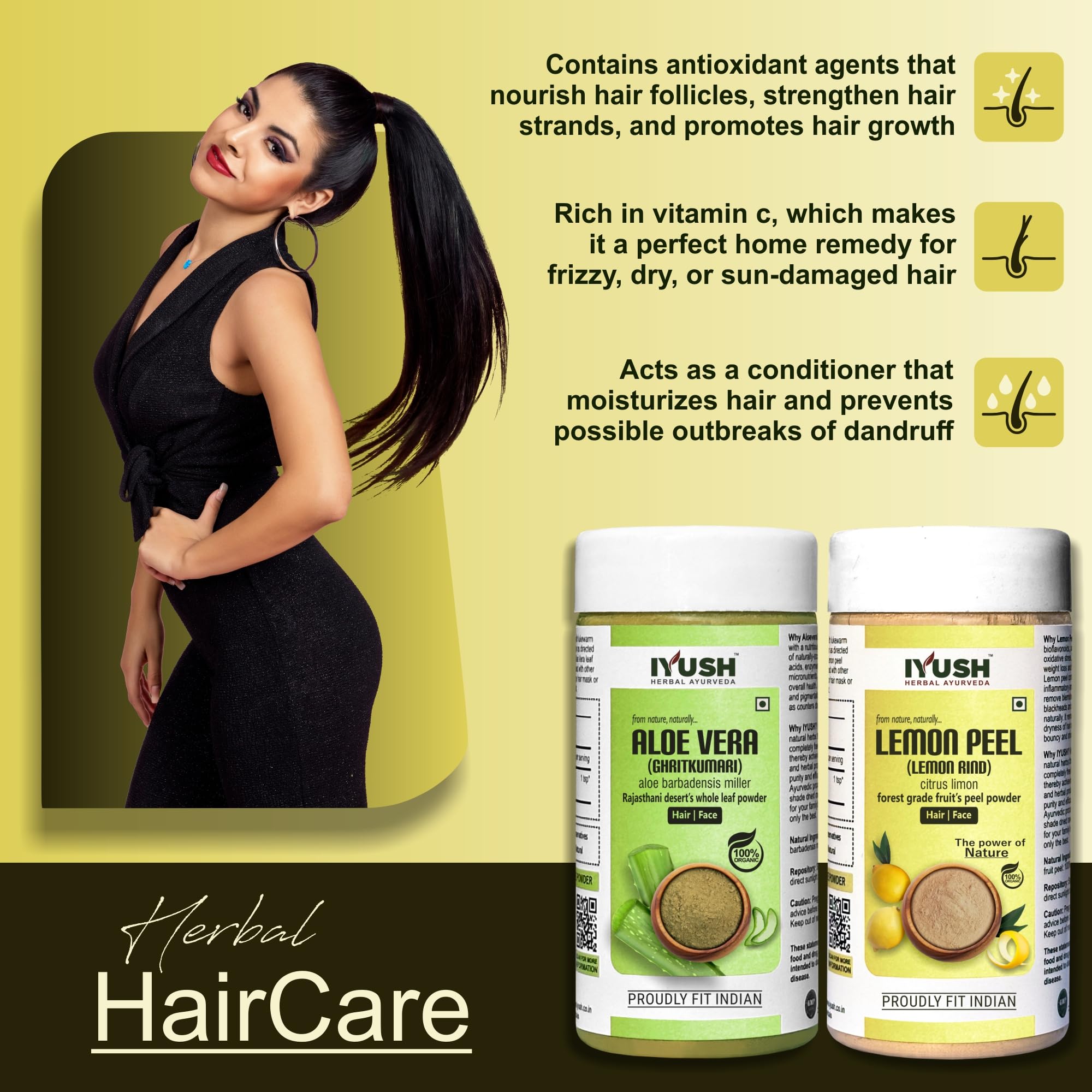 IYUSH Herbal Ayurveda Aloe Vera and Lemon Peel Powder - 100g Each | Natural Skin Care & Hair Treatment | For Face Masks, Hair Growth & Detox Drinks