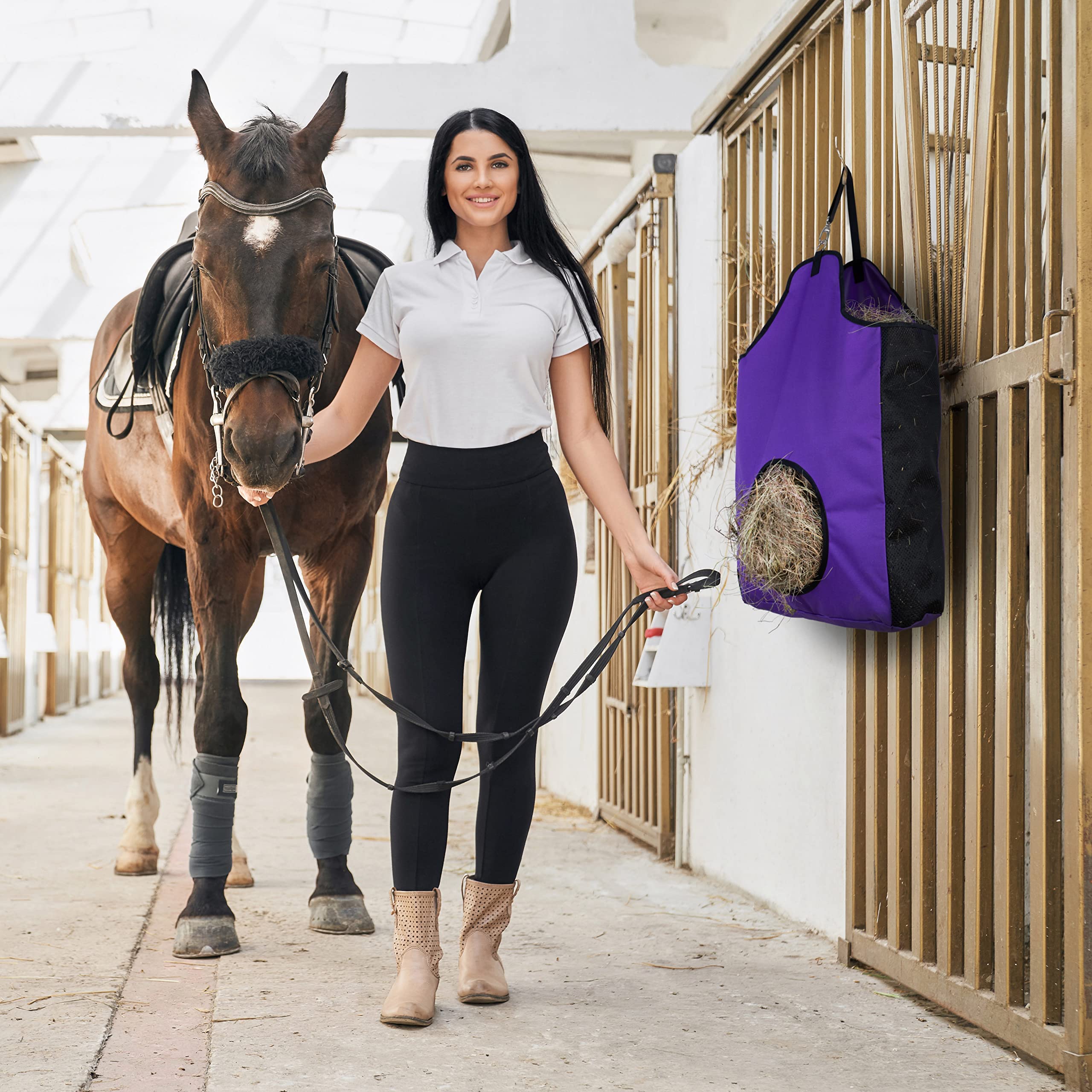 Premium Durable Horse Slow Feed Hay Bag with Metal Snap Fastener & Adjustable Strap - Ideal for Stable, Pasture & Trail Riding - Reduces Waste & Promotes Healthy Eating