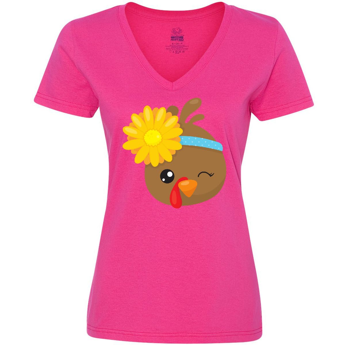 Inktastic Cute Turkey Women's V-Neck T-Shirt - Funny Thanksgiving Graphic Tee for Women, Soft Cotton Casual Top - Perfect for Thanksgiving Gatherings, Family Reunions & Autumn Outfits