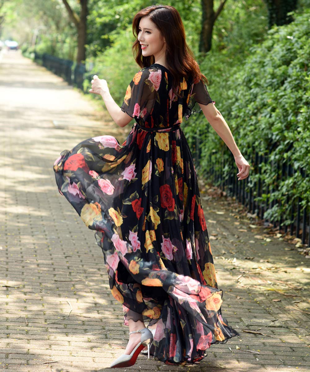 MedeShe Women's Bohemian Floral Print Short Sleeve Maxi Dress - Perfect for Summer Beach Vacations, Music Festivals & Boho Chic Outfits