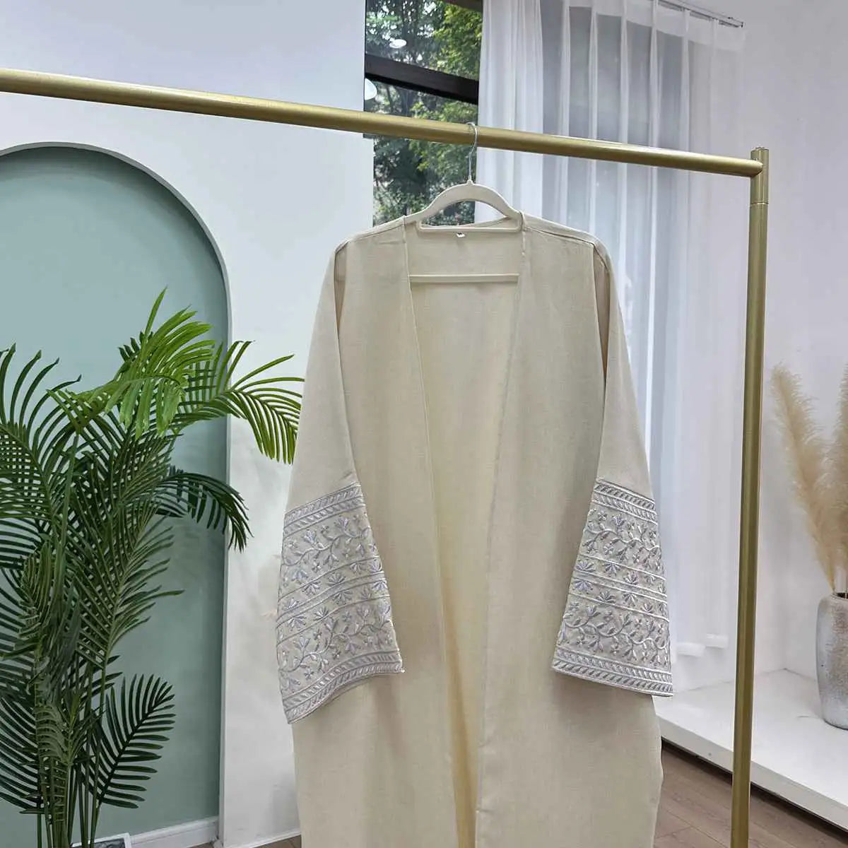 Muslim Women's Linen Blend Embroidery Sleeve Open Abaya Cardigan Dress - Perfect for Prayer, Modest Fashion & Everyday Wear