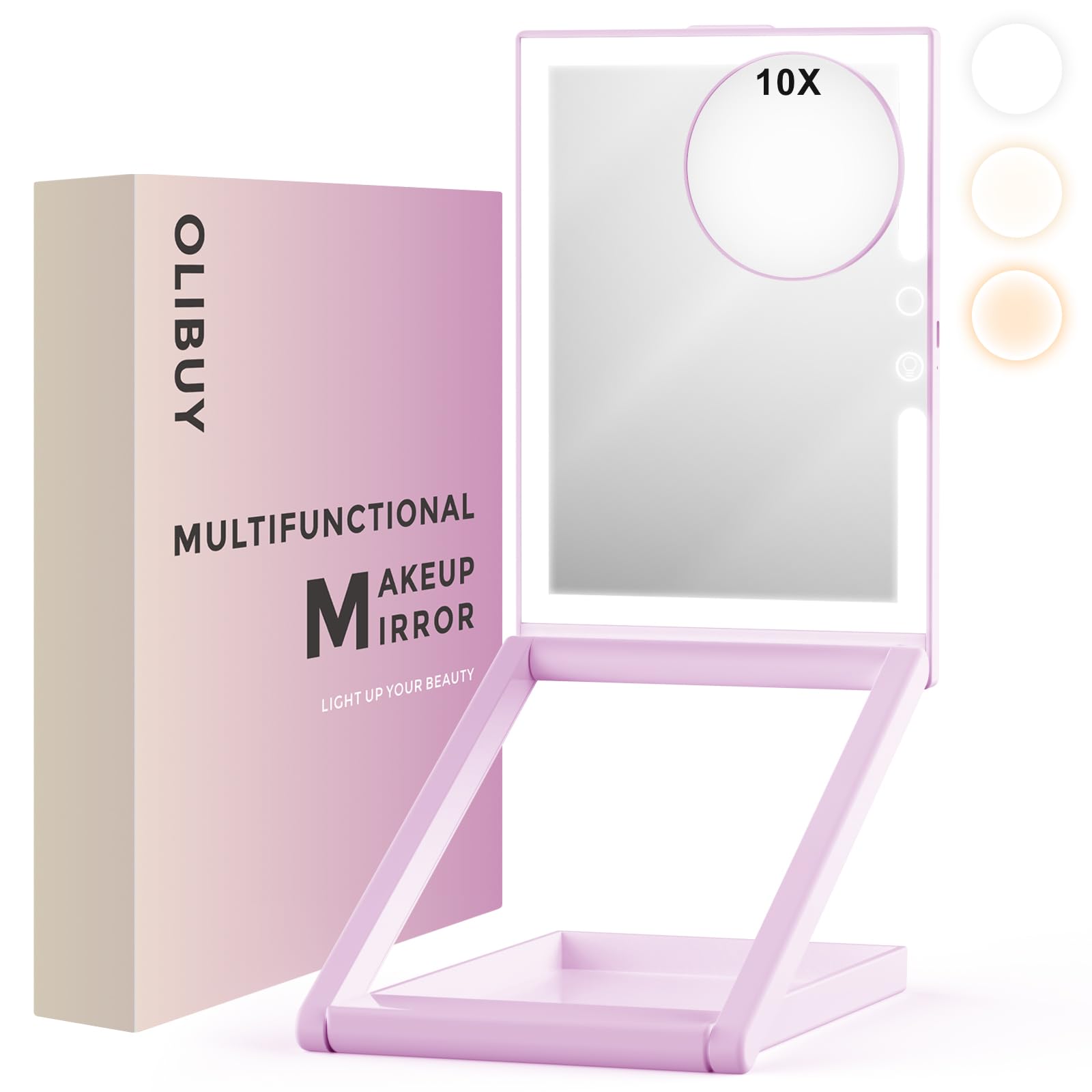 OLIBUY 10X Magnifying Travel Makeup Mirror - Adjustable Height & Angle, Rechargeable LED Vanity Mirror with 3 Color Lighting, Portable Folding Design for Home, Hotel & Travel Essentials | Perfect for Makeup Application, Skincare Routine & Beauty On-The-Go