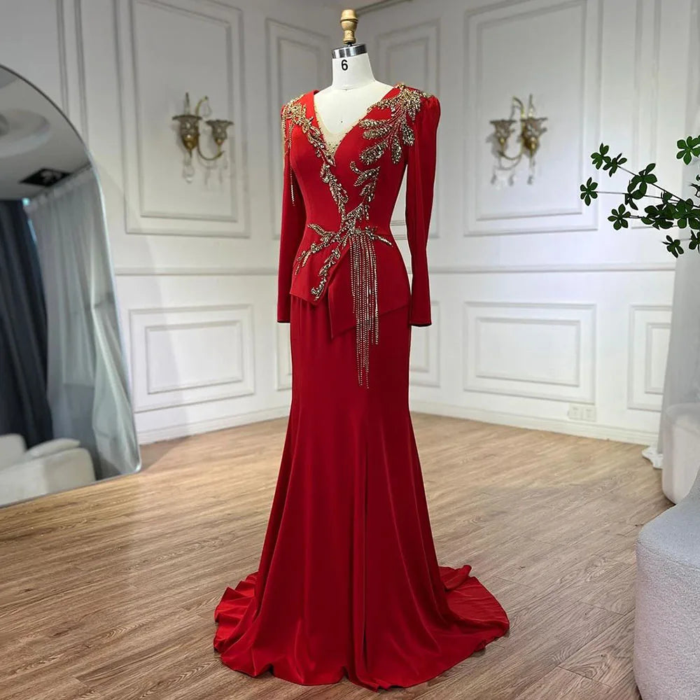 Elegant Arabic Red Mermaid Dress for Women - Beaded Tassel Luxury Evening Gown for Dubai Weddings & Parties | Perfect for Formal Events & Special Occasions