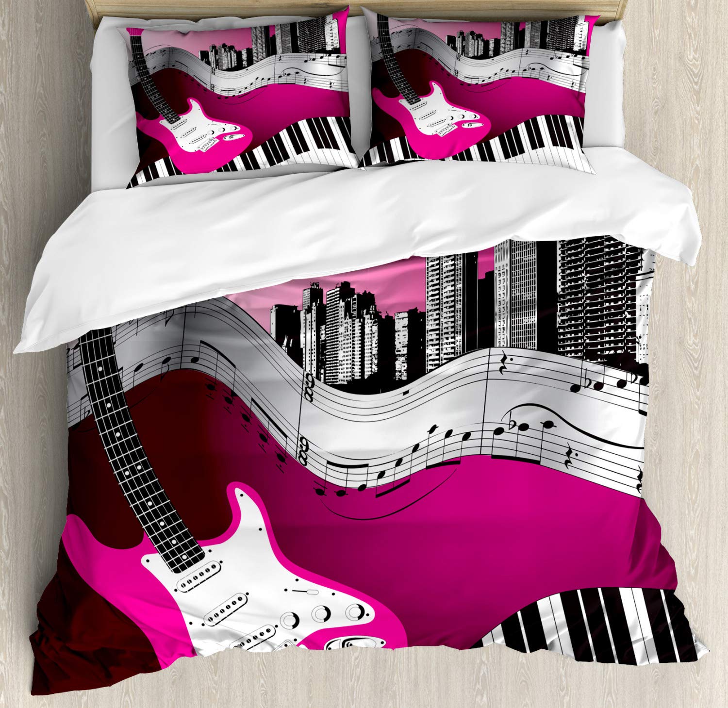 Ambesonne Music Themed Duvet Cover Set - Bass Guitar Keyboard Urban Rock Design with City Rhythm Illustration, 2-Piece King Size Bedding Set Includes 2 Duvet Covers & 4 Pillowcases in Hot Pink, Pale Grey & Black | Perfect for Music Lovers' Bedrooms, Teen Rooms & Rock-Themed Decor