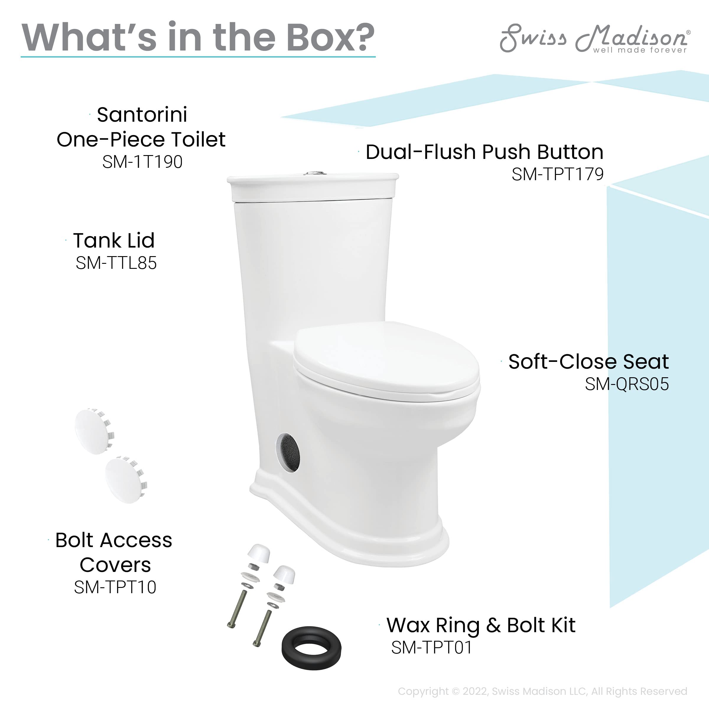 Santorini Elongated One-Piece Toilet with Dual Flush 1.1/1.6 GPF - Water Efficient White Bathroom Toilet for Modern Homes & Commercial Spaces