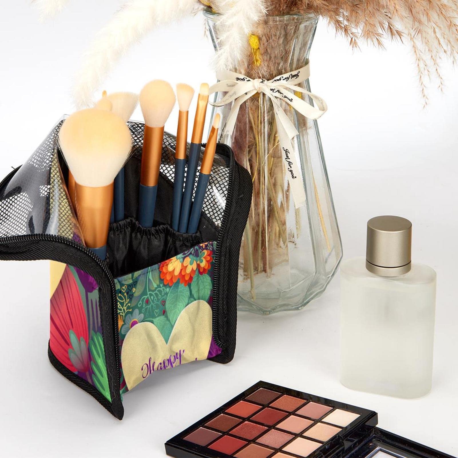 12-Piece Makeup Brush Organizer Bag with Heart Flower Design - Portable Cosmetic Brush Holder Case for Travel & Storage - Perfect Mother's Day Gift for Makeup Lovers