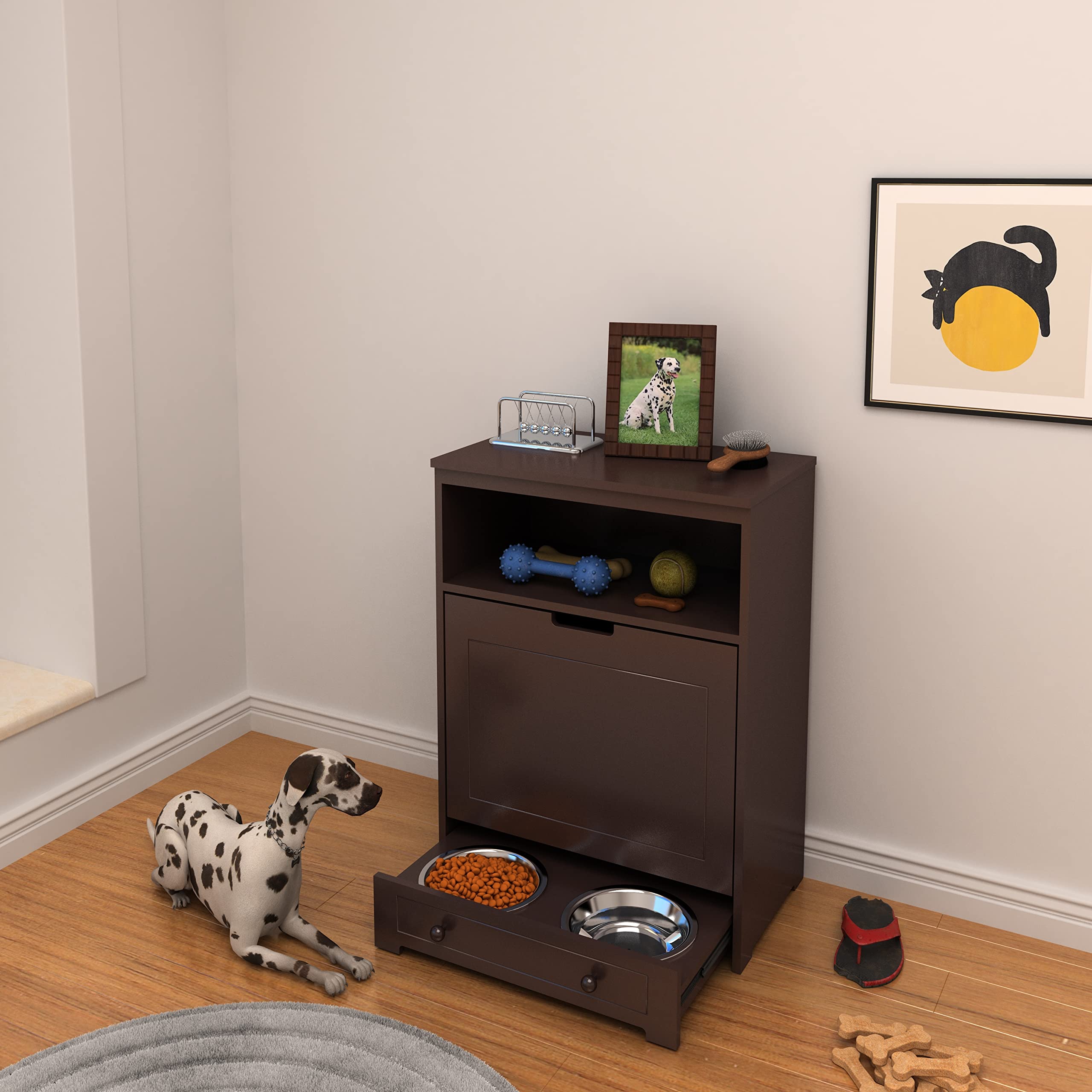 Premium Dog Food Storage Cabinet with 2 Stainless Steel Bowls - Pet Feeding Station & Toy Organizer for Dogs and Cats - Space-Saving Brown Furniture for Kitchen or Laundry Room