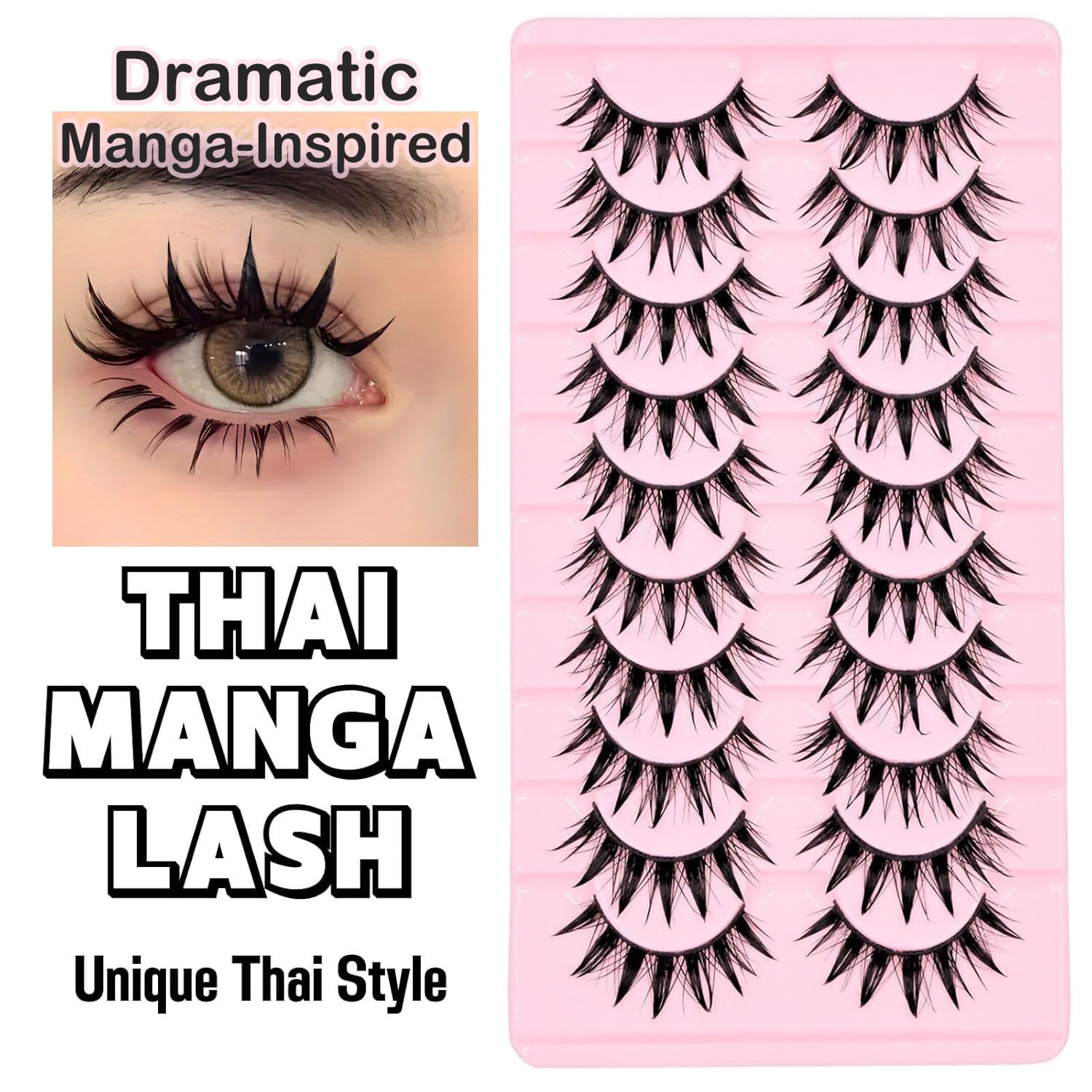 10 Pairs Natural Wispy Manga Lashes - 16mm Spiky Anime Cat Eye Faux Mink Eyelashes for Cosplay & Everyday Makeup | Japanese Style False Eyelash Clusters for Dramatic Eye Look