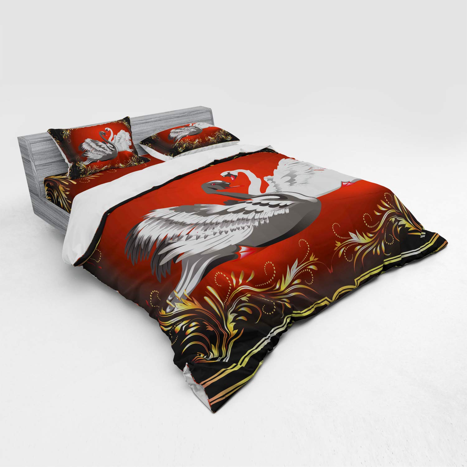 Ambesonne King Size 4-Piece Duvet Cover Set - Black & White Swan Design with Pillow Shams & Fitted Sheet, Elegant Romantic Bedding for Master Bedroom, Guest Room or Wedding Gift