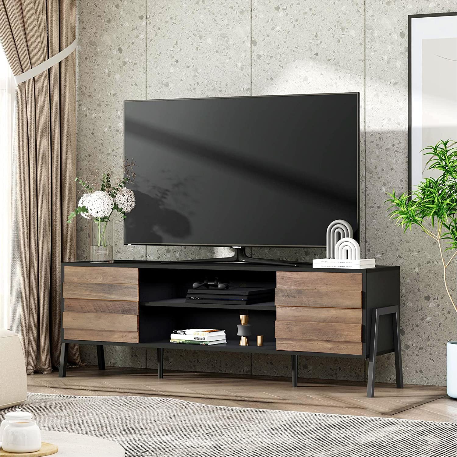 WAMPAT Modern TV Stand for 65 inch TV - Mid Century Wood TV Console Entertainment Center with 6 Storage Cabinets - Media Console for Living Room & Bedroom (60'', Black/Brown) - Perfect for Home Theater Setup & Living Room Organization