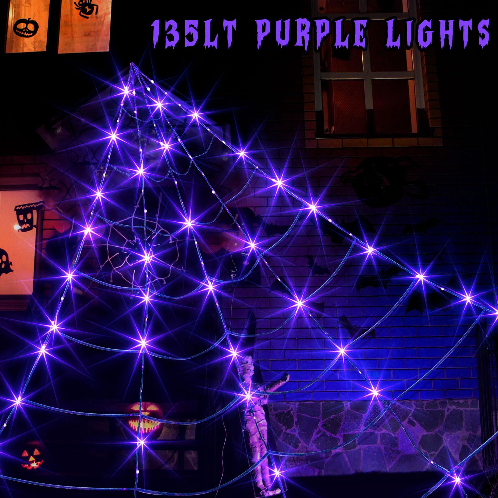 Vanthylit 16FT Giant Halloween Spider Web Lights with 135 LED Purple Bulbs - Outdoor Halloween Decorations for Party, Yard, Haunted House | Perfect for Halloween Party Decor, Front Porch Display, and Spooky Backyard Lighting