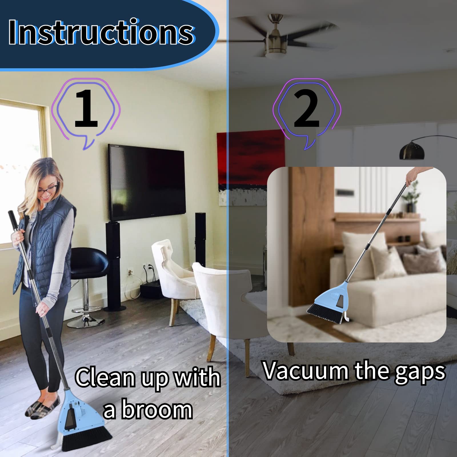 Rosvola 2-in-1 Cordless Vacuum Broom with Strong Suction | USB Rechargeable Quiet Floor Sweeper | Ideal for Hardwood, Tile & Carpet | Perfect for Bedroom, Living Room, Office & Hotel Cleaning