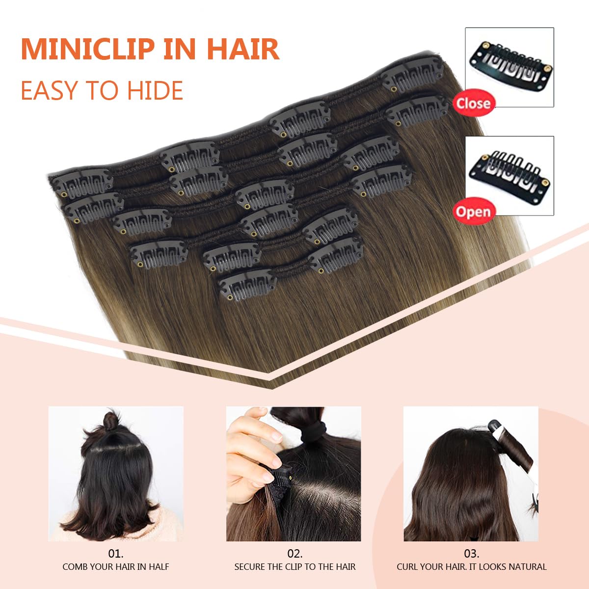 XDhair 100% Real Human Hair Clip in Extensions - 14 Inch, 6pcs 100g, Balayage Ombre Walnut Brown to Ash Brown Blonde - Straight Hair Extensions for Women - Perfect for Daily Styling, Parties & Special Occasions